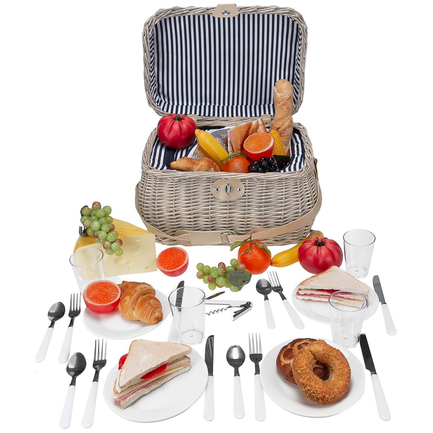 anndora Picknickkorb Shabby helle Natur Weide - mit Isolierfach herausnehmbar blau gestreift - inkl. Zubehör 21 Teile - 4 Personen - Tragegurt