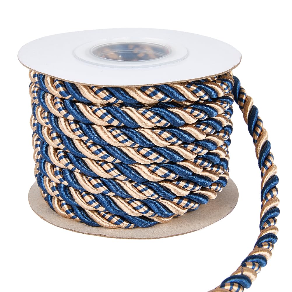 CABODYALS 8.5M 8MM Blue Gold Braid Cord Trim Decorative Twine Woven Rope Polyester Silk Graduation Honer String Satin Cords Xmas Thread Trimming for Sewing Making Curtain Decor Crafts Upholstery Diy