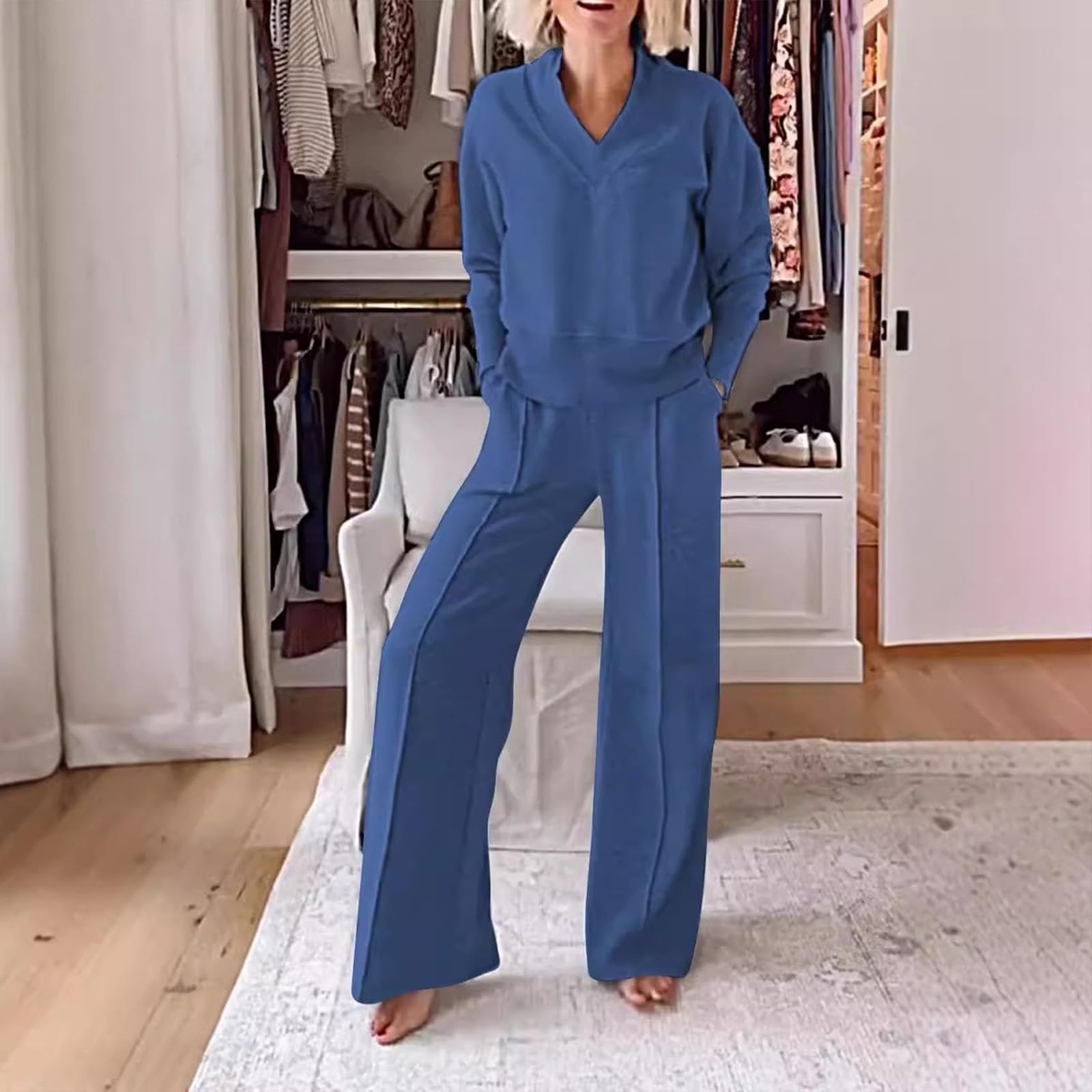 Conjunto de Dos Piezas de Top y pantalón con Escote en V de Color Liso para Mujer, Conjuntos Casuales de Mujer con Pantalones Largos de Pierna Ancha, Conjunto de salón de otoño (S,Blue)