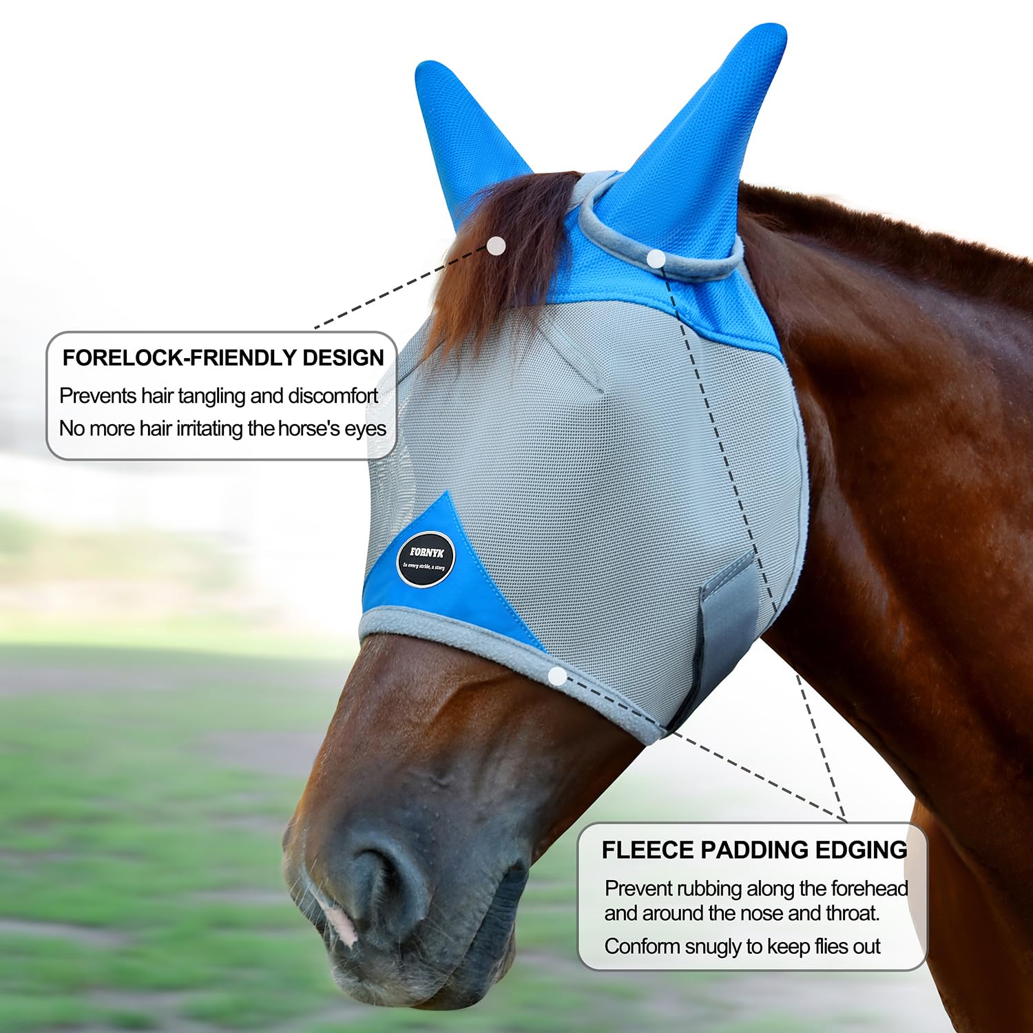 Fornyk Horse Fly Mask, Adjustable Fly Masks for Horses with Ears, Breathable and 70% UV Protection, Comfort Mesh Without Nose Cover, Horses Accessories (Grey, Blue, Medium) - image 4
