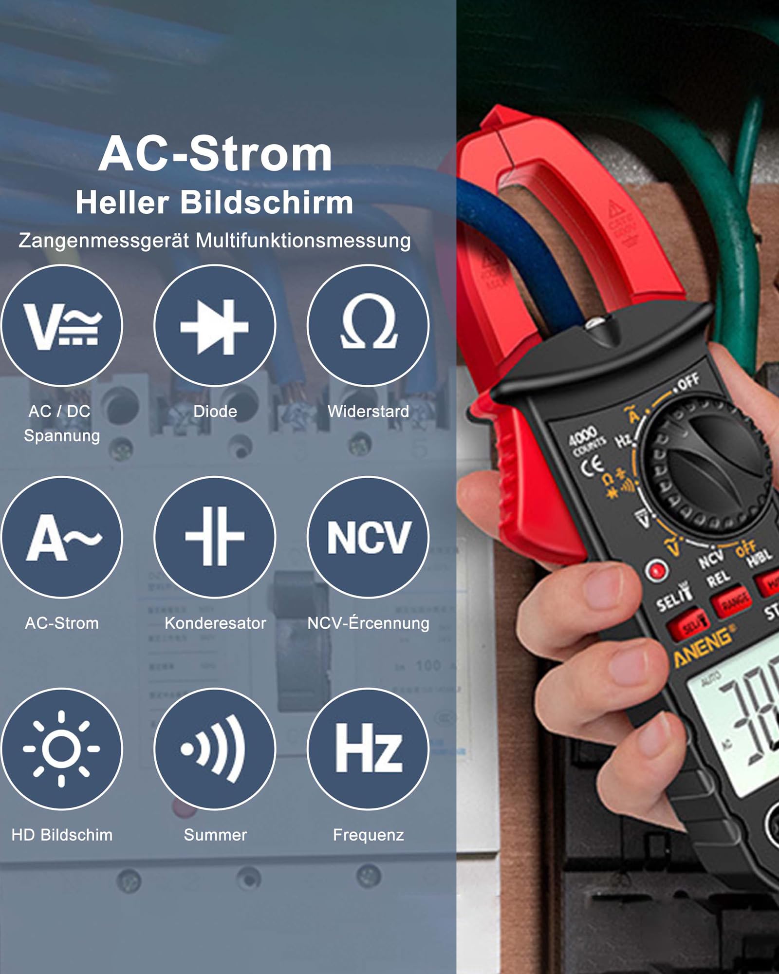 Digitales Stromzange AC DC Multimeter: True-RMS 4000 Counts Strommesszange Amperemeter mit Automatischer Bereichswahl zum Messen von AC/DC-Spannung Strom Widerstand Kapazität Durchgang NCV-Erkennung