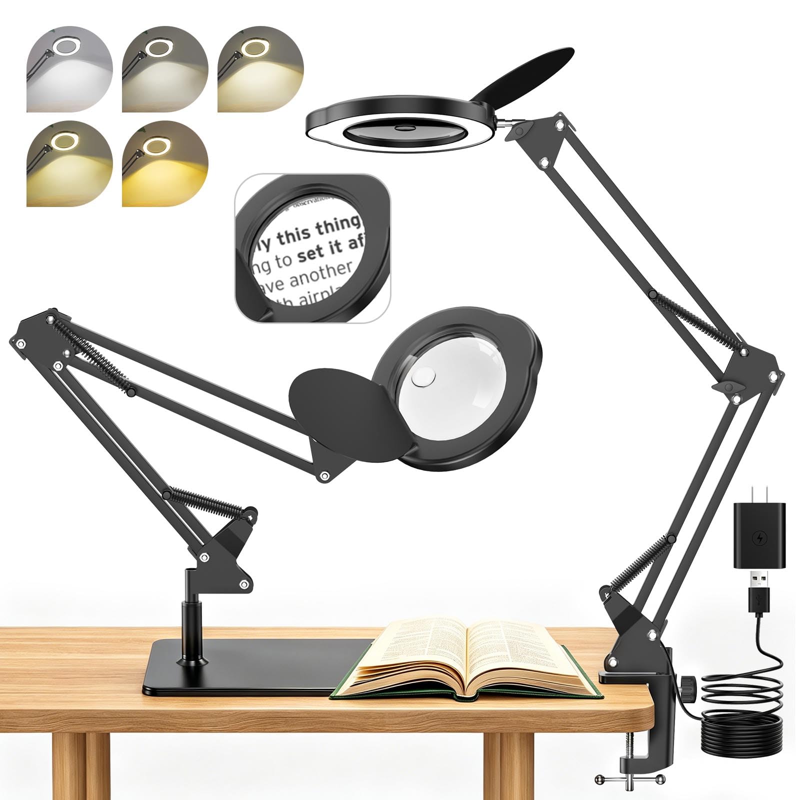 QDOJC 15X 10X Magnifying Glass with Light and Stand, Desk Magnifying Glass with Light and Clamp, USB Lighted Magnifer with 5 Color Modes, 9 Dimmable Levels for Hobbies Reading Crafts Close Work