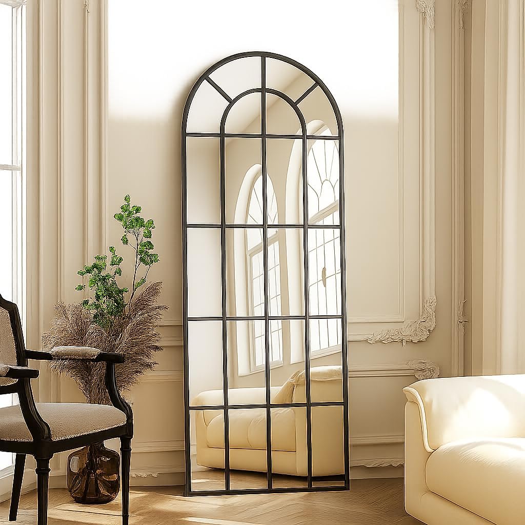 BEAUTYPEAK Windowpane Arched Full Length Mirror, 69"x25" Inch Wall Mounted Mirror with Metal Frame, Farmehouse Grid-Designed Decorative for Entryway, Living Room, Home Decor, Black