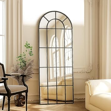 BEAUTYPEAK Windowpane Arched Full Length Mirror, 69"x25" Inch Wall Mounted Mirror with Metal Frame, Farmehouse Grid-Designed Decorative for Entryway, Living Room, Home Decor, Black