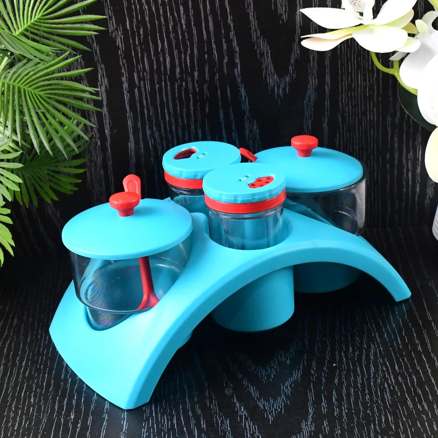 15 Years Warranty Unbreakable Pickle Jar & Spice Shaker Set – 2 Achar Jars with Lids & Spoons + 2 Salt & Pepper Shakers on Compact Stand – Ideal for Dining Table & Kitchen Storage