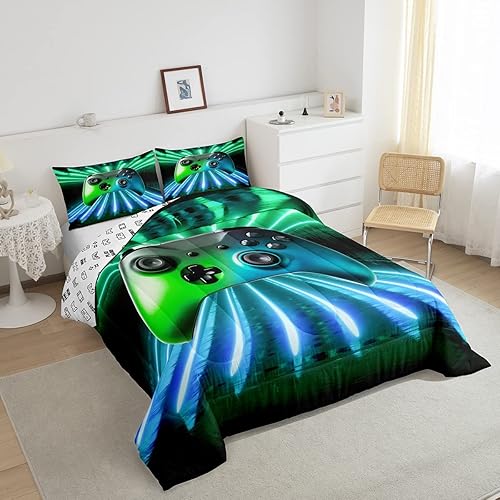 Miniatura 4 de Erosebridal Juego de edredón con estampado de consola de videojuegos, color verde y azul, juego de ropa de cama tamaño Queen moderno con estampado