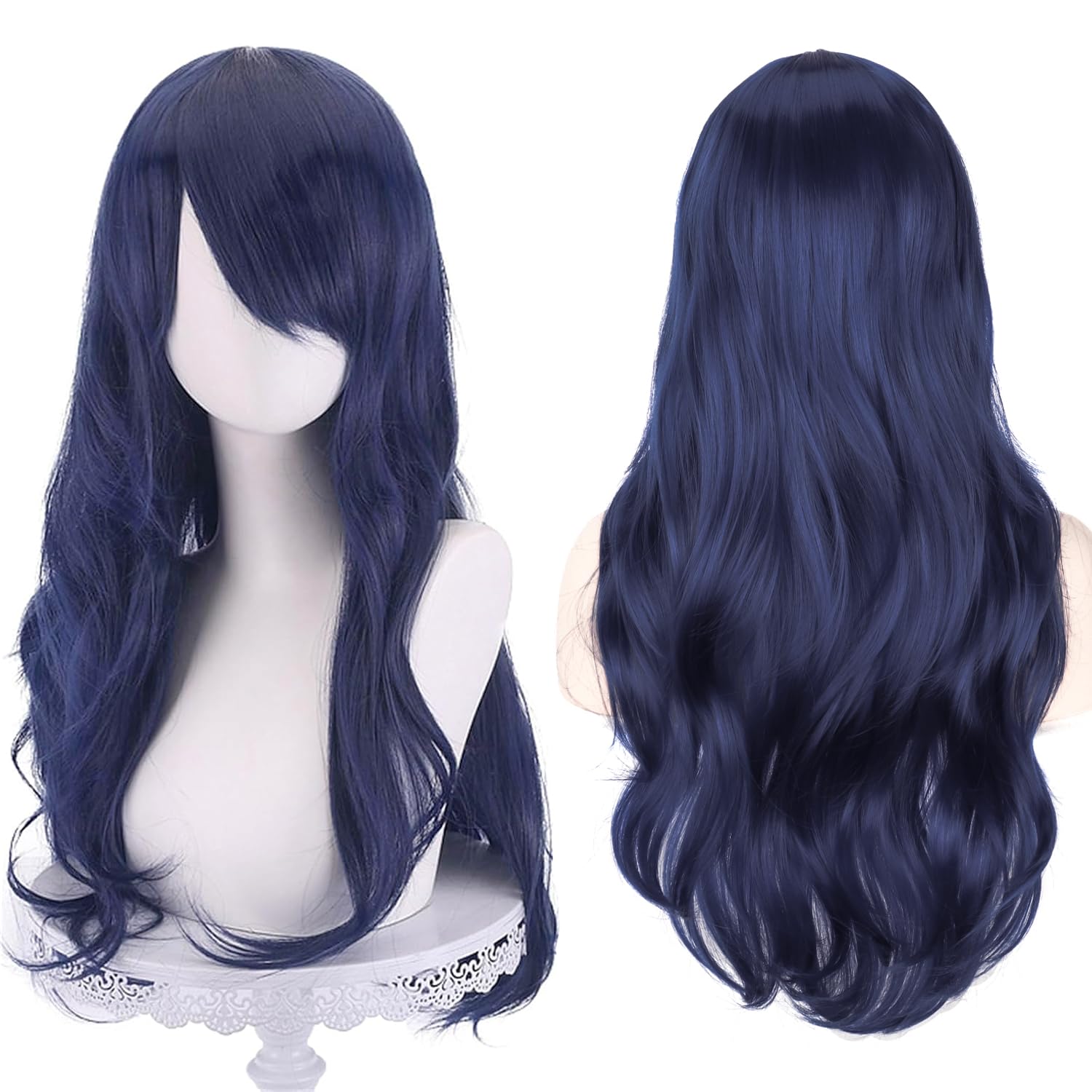 YEESHEDO 24" 70cm Long Silver White Wavy Curly Pastel Full Hair Wigs for Women Girls Light Grey Costume Cosplay Party Halloween Wig (Dark Blue)