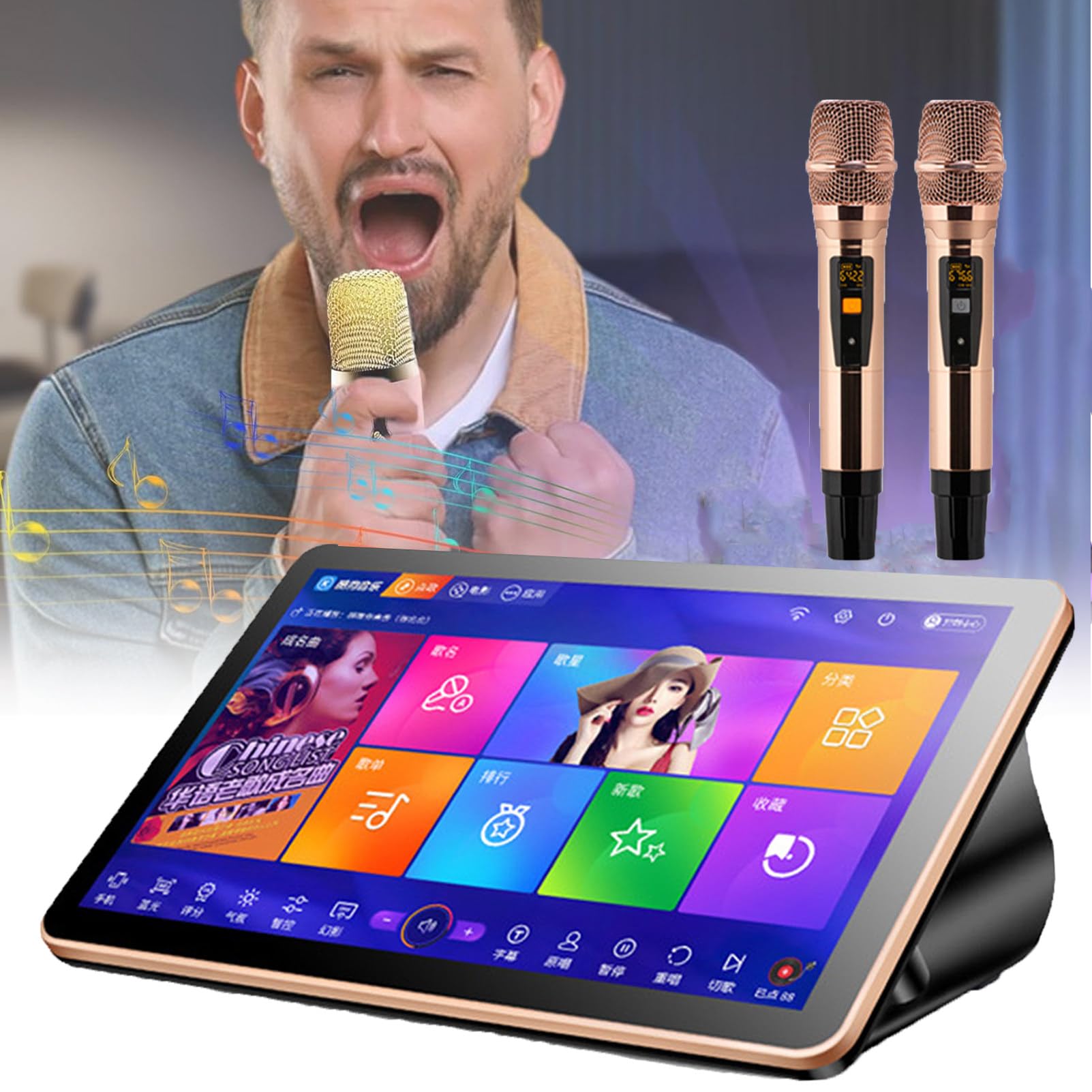 Lecteur De Karaoké Avec Micro Sans Fil, Machine De Karaoké De Bureau Tout-En-Un De 18,5 Pouces Avec éCran Tactile, Mise à Jour Des Chansons Dans Le Cloud Pour Les FêTes Et Le Camping,Black-4TB