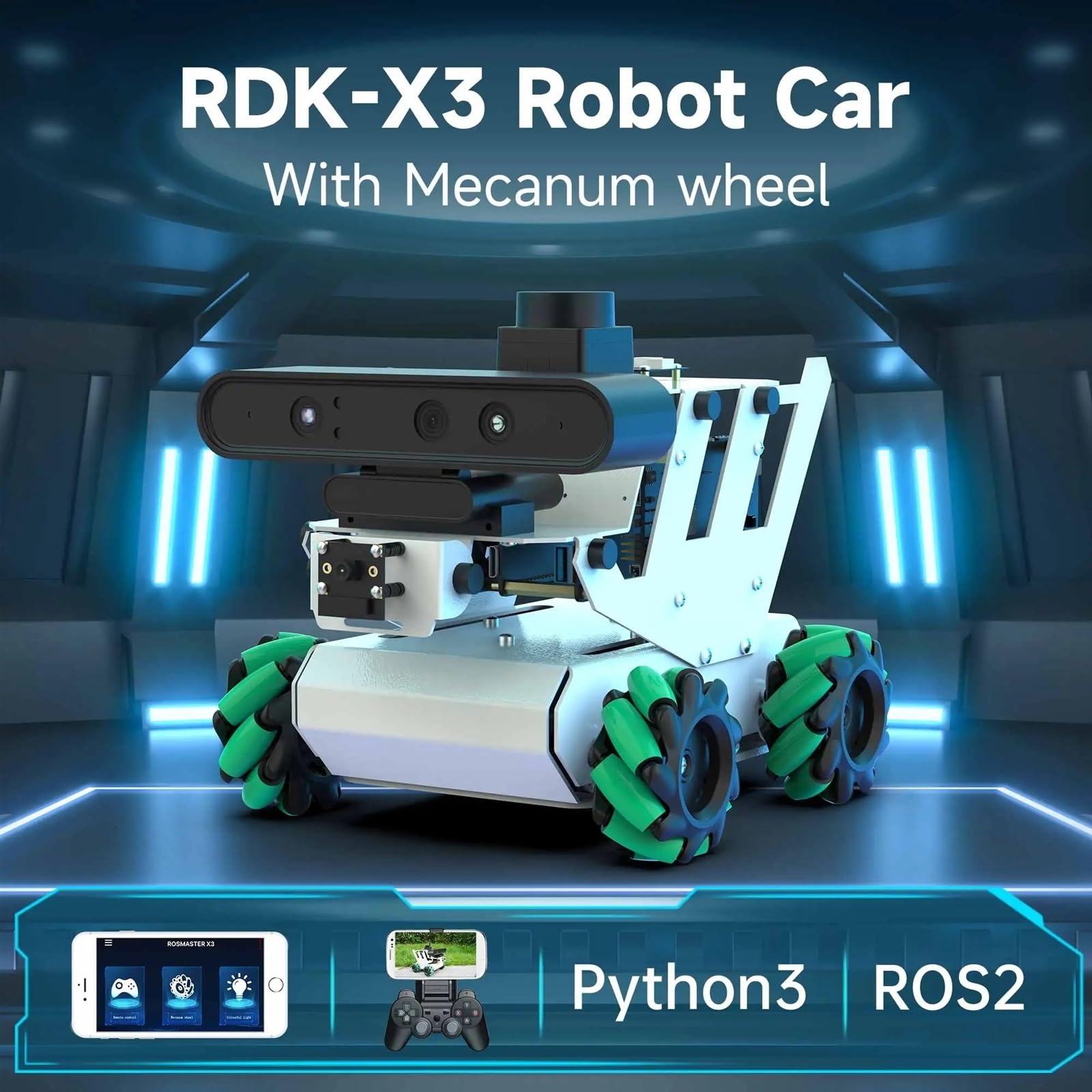 RDK X3 ROS2 Robot Smart Car programmabile con telecamera di profondità della ruota Mecanum Supporto Lidar Programmazione Python Controllo APP(BLACK)