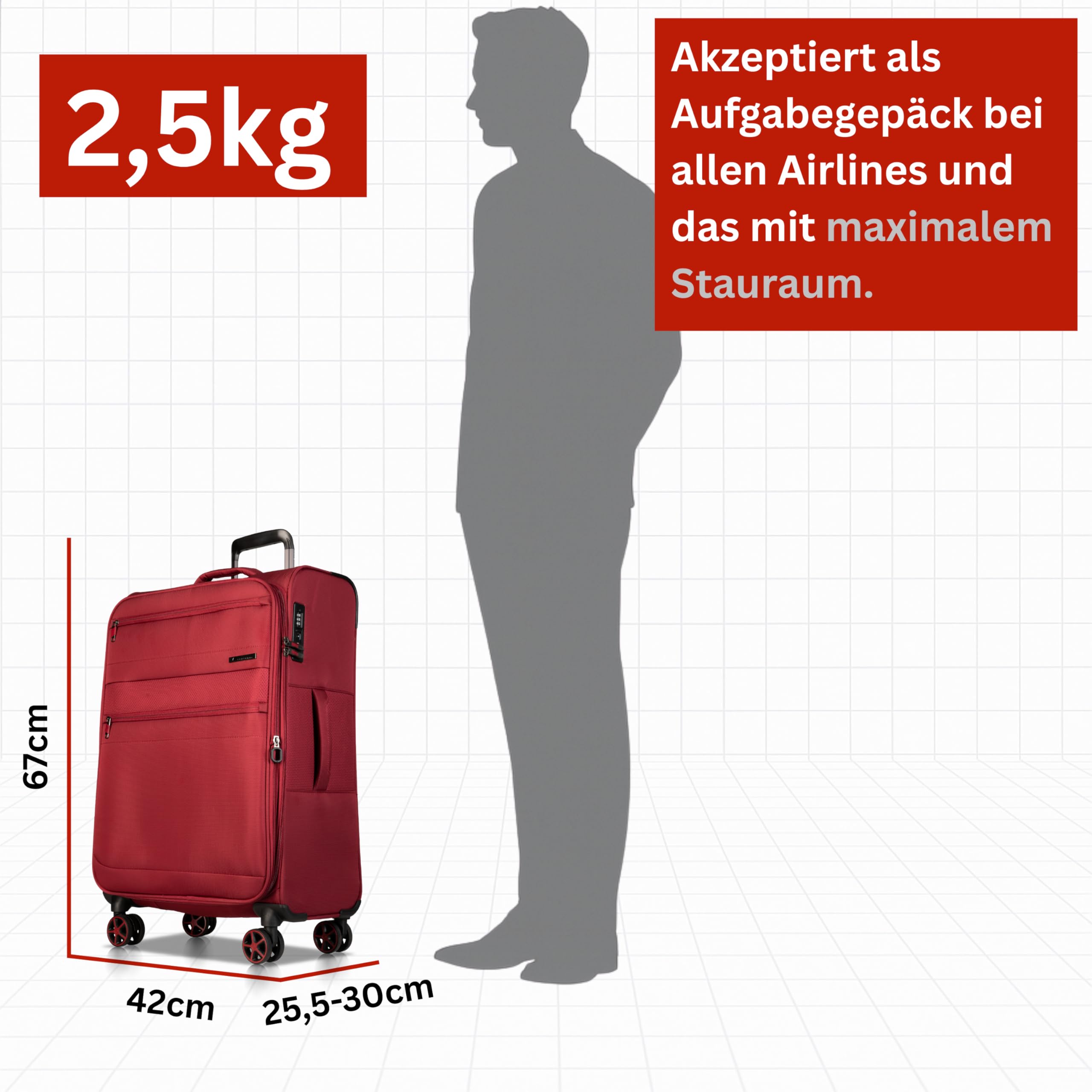 Cocoono Koffer Weichschale 64L bis 84L mit Dehnfalte – Stoffkoffer mit 4 Rollen – Reisekoffer Stoff TSA Schloss – Leichter Stoff Weichgepäck – Weichschale 4 Rollen (rot, L)