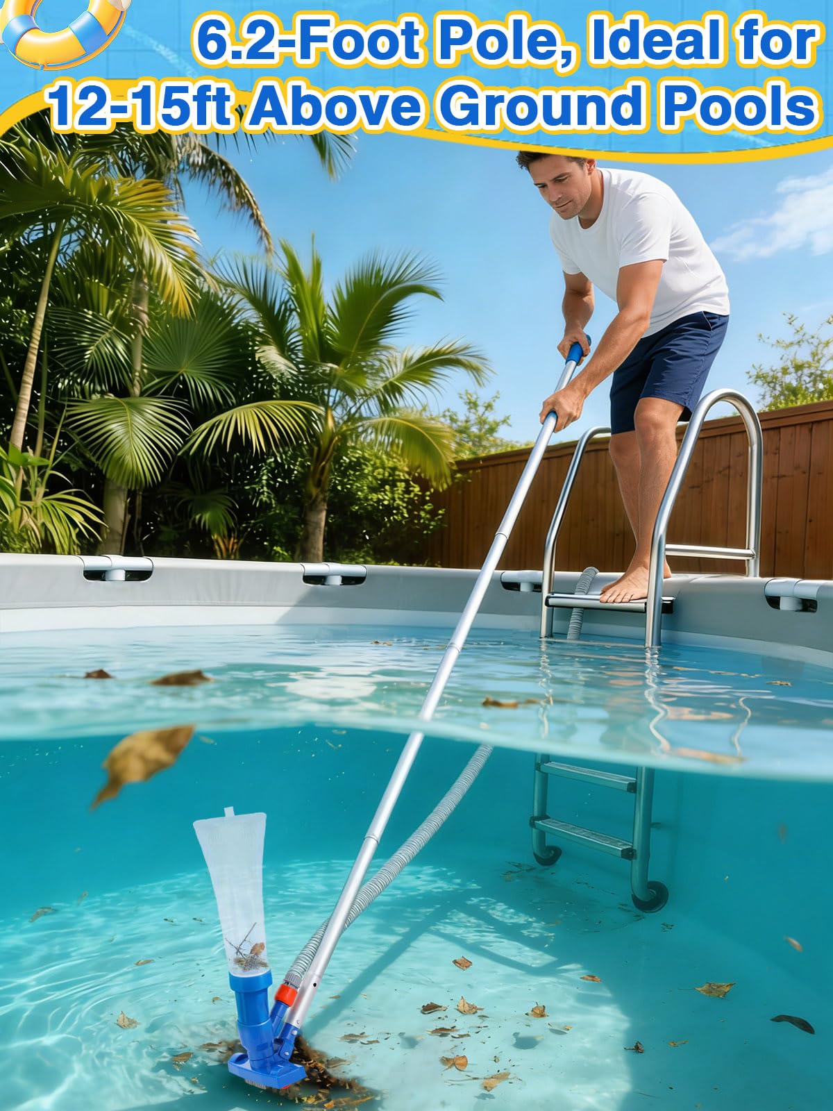 Kit di pulizia portatile 3 in 1 per piscine fuori terra, include aspirapolvere con sacchetti a rete, spazzola, retine per skimmer, asta regolabile da 1,9 m per spa, gonfiabili o piscine con telaio per
