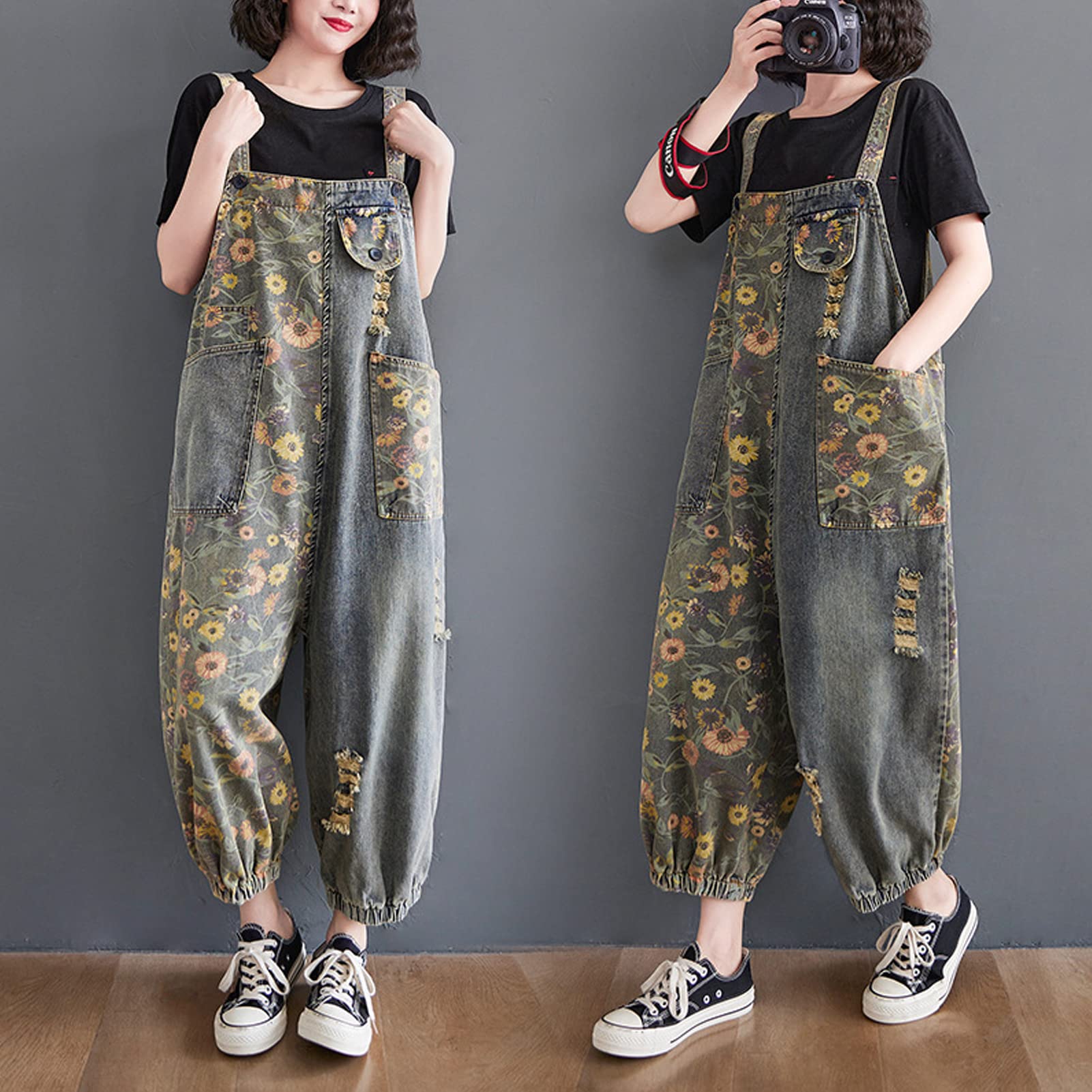Salopette da donna in denim Salopette Pantaloni da donna Vintage Casual Baggy Jean Tute regolabili Tute Tute a gamba larga Tutina Pantaloni lunghi
