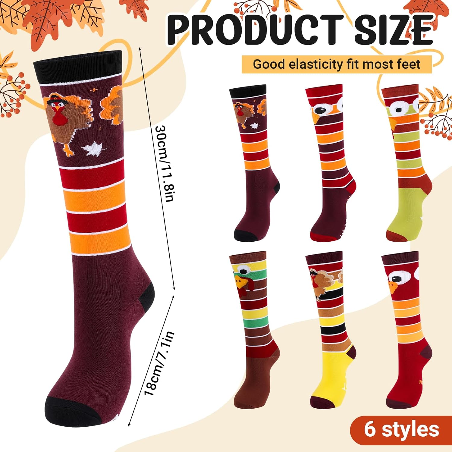 6 Pairs Thanksgiving Socks Turkey Striped Mid Calf Socks Funny Turkey Socks for Men Women Novelty Thanksgiving Running Gear Gifts for Autumn Holiday - Image 3
