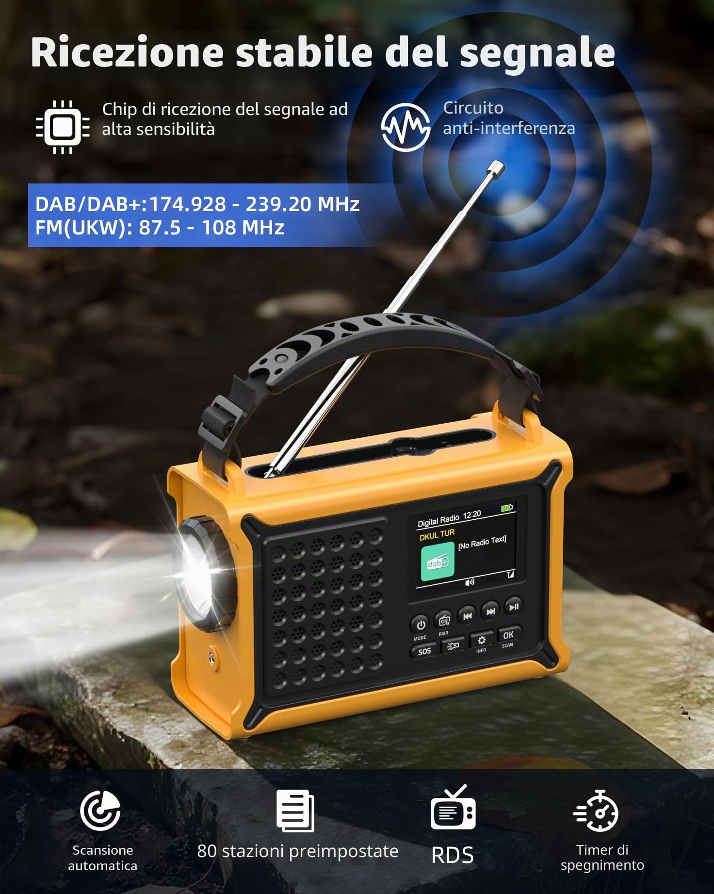 Radio a manovella da 12000 mAh, DAB+/FM, radio di emergenza con pannello solare da 8500 mm² e dinamo a manovella da 650 mA, radio solare con Bluetooth 5.0, torcia e caricabatterie, USB, SOS, radio