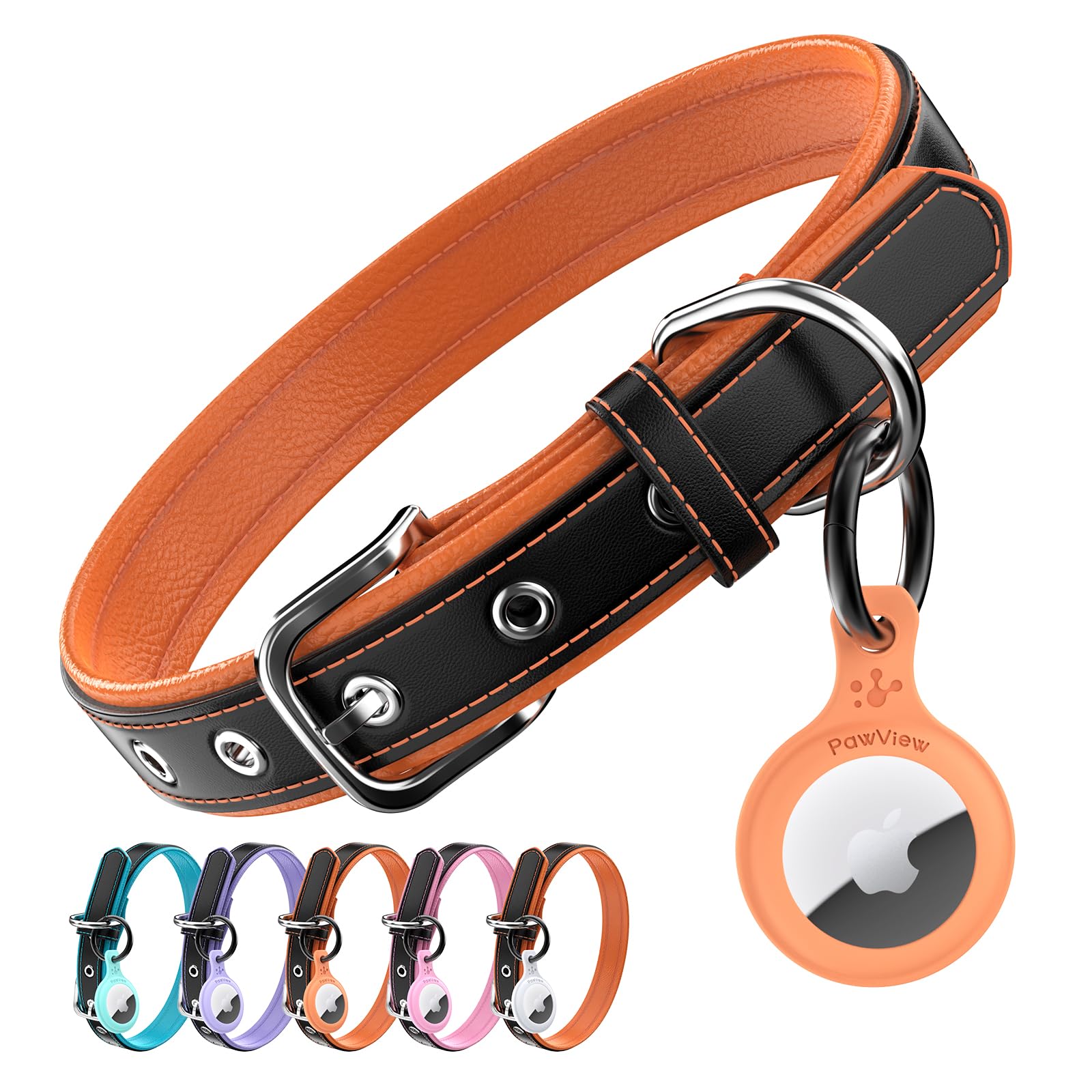 Leather Dog Collar with AirTag Holder-Compatible with Airtag, Adjustable & Personalised for Small Medium, Large Dogs