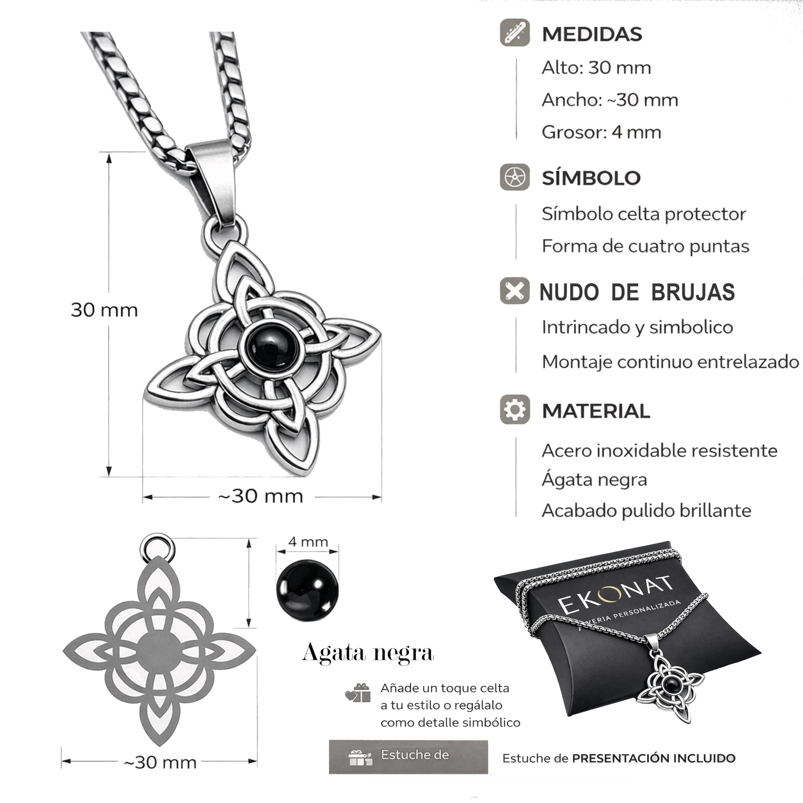 Ekonat-Nudo de bruja con ágata negra- amuletos de la suerte y proteccion- colgantes nudo de bruja - amuleto protector- tamaño 30 mm cadena acero 55 cm