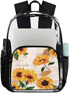 Girassol Vintage Cartão Postal Transparente Mochila Resistente Mochilas, Girassol Retrô Impermeável Transparente Mochila PVC Transparente Com Alça de Ombro Reforçada para Escola, Trabalho, Viagem, Multicor