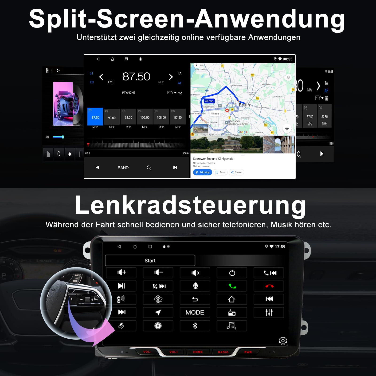 Echte 4GB+64GB Android Autoradio für VW Sharan 7N Seat Alhambra 7N 2010-2022, 2-DIN 9 Zoll QLED-Display, Wireless CarPlay & Android Auto, 1080P Rückfahrkamera, GPS, WiFi, Bluetooth, DSP, RDS