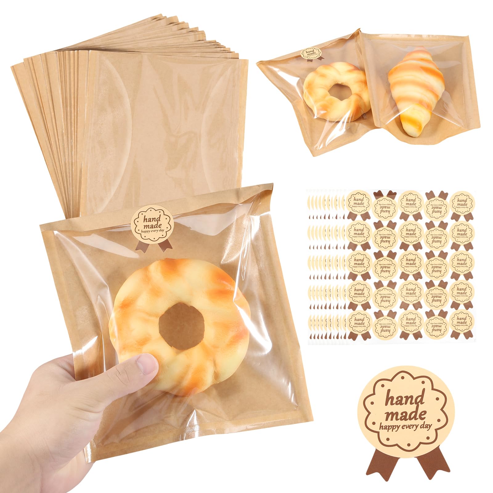 100-Pack Heat Sealable Bakery Cookie Bags With Clear Window & Seal - 7.1x7.5 Inch Paper Treat Bags For Cookies, Brownies, Donuts, Muffins - Ideal For Businesses, Gifts & Bake Sales