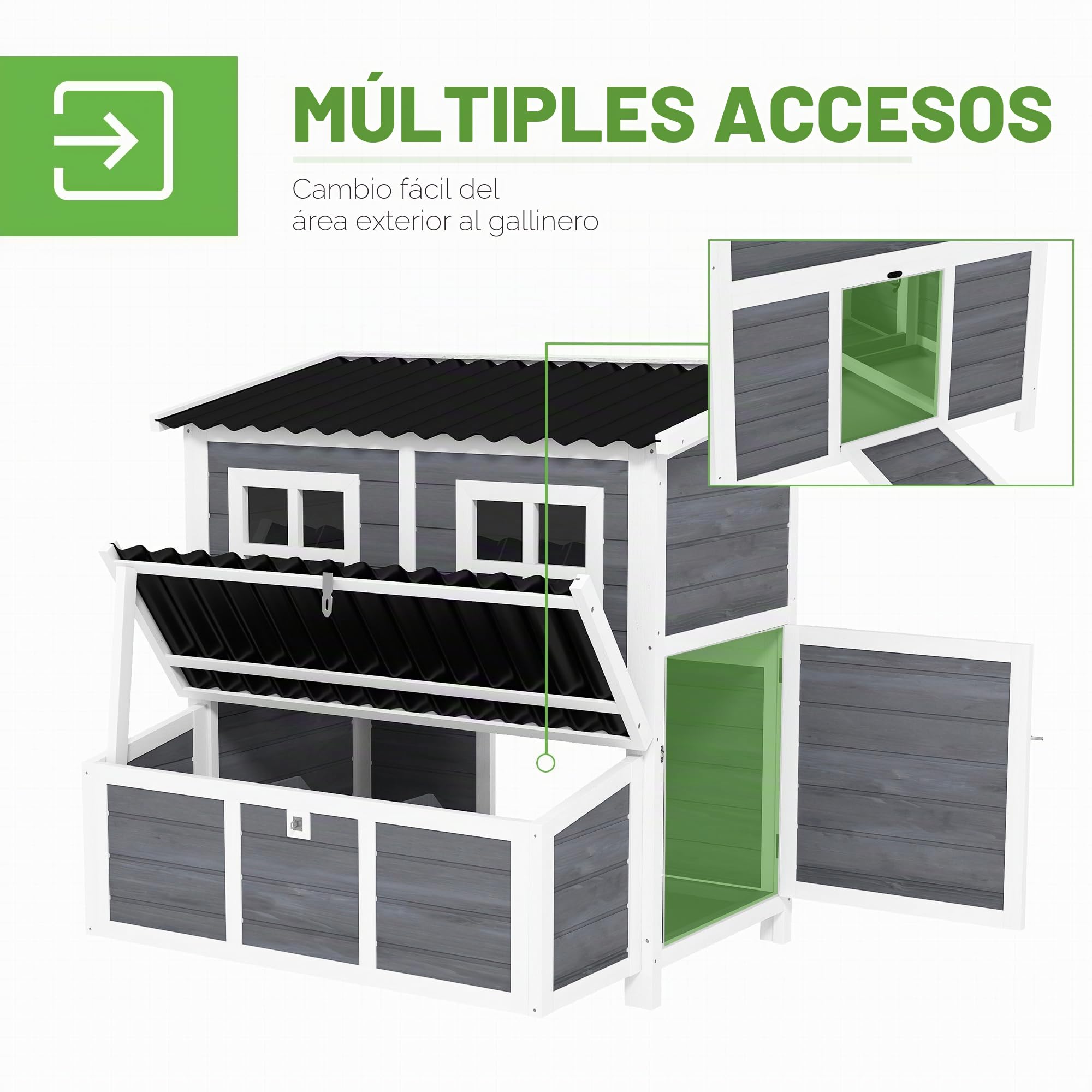 Gallinero PawHut de Madera de Abeto, gallinero con Nido, gallinero para 4-6 gallinas, tejado Impermeable, 100 x 86 x 100 cm, Gris Claro
