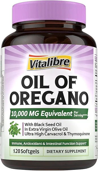 Vitalibre Oil of Oregano 10000mg with Black Seed Oil, 20:1 Extrect, Wild Harvested, Contains Carvacrol, Non-GMO, Herbal Extract Supplement for Immune Support, 120 Softgels