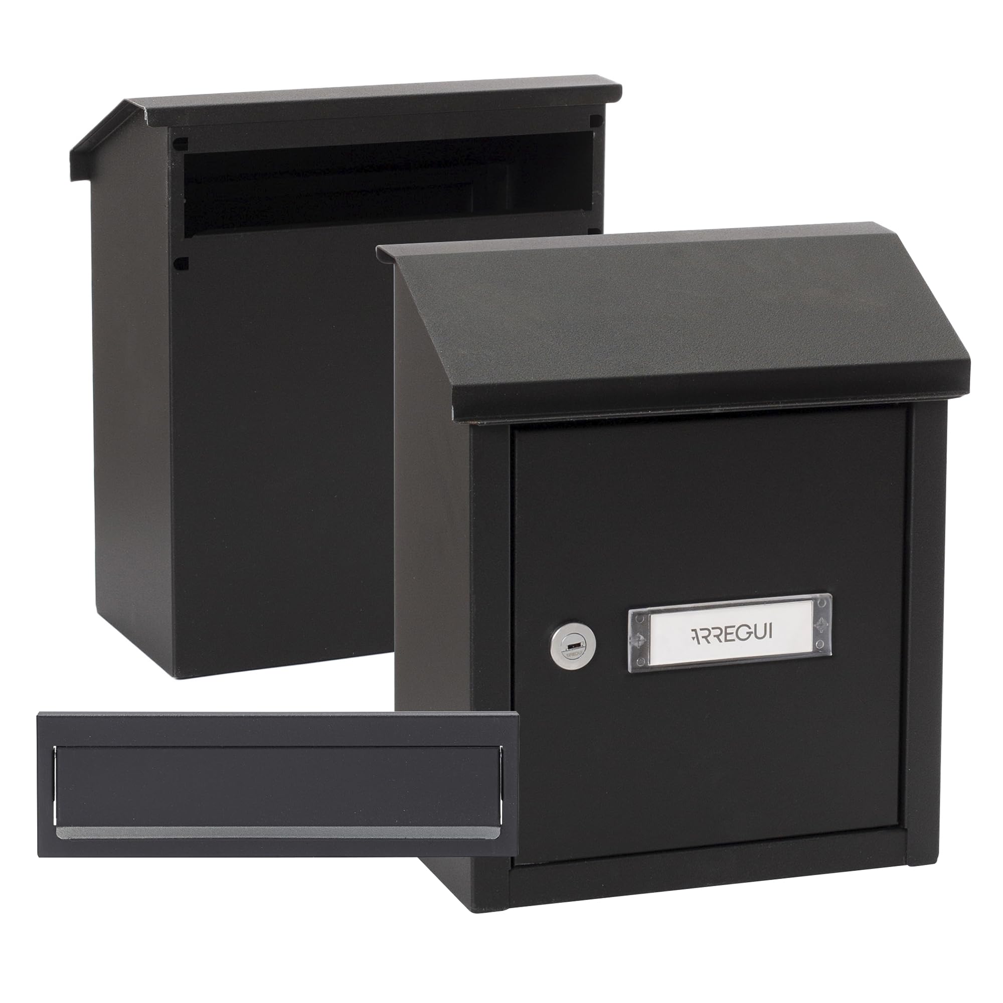 ARREGUI V4034 Pack Bocacartas + Buzón Recogecartas de Acero para Puertas o Verjas en el Exterior, Buzón Exterior, Bocacartas de Boca 23x3 cm, Tamaño S (DIN A5), Fácil de Instalar, Negro Texturado