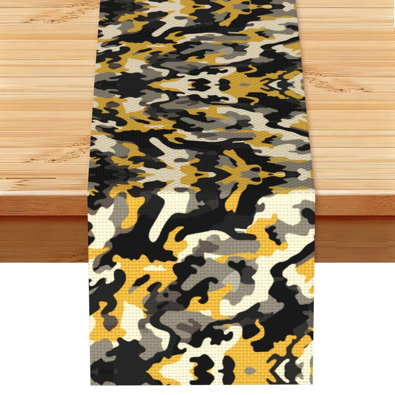 Bright Yellow Grey Camo Printed Table Runner 13 x 72, Wrinkle Resistant Decor for Dining Table Coffee Table Fireplace