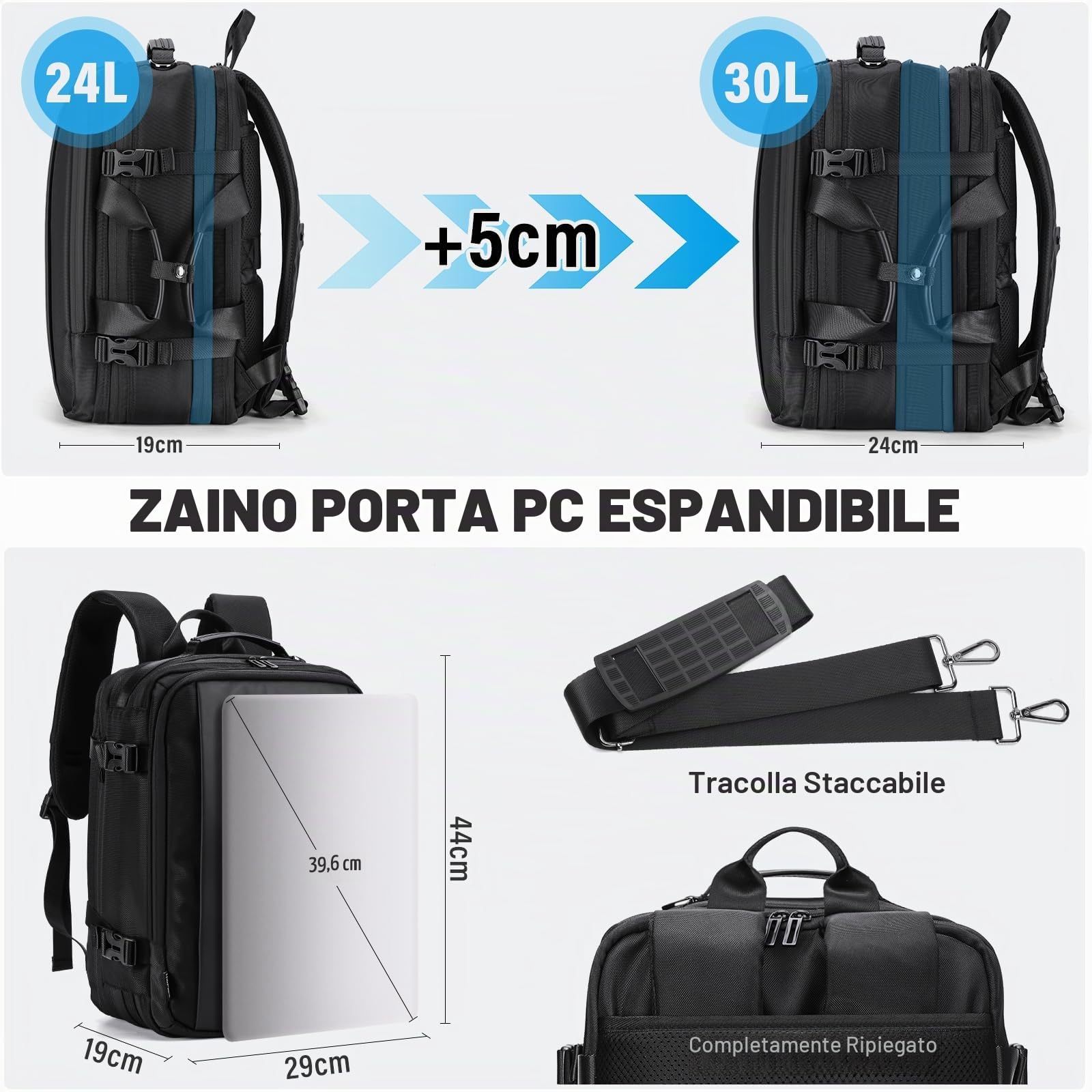 HOMIEE Zaino Uomo Zaino Porta PC 3 in 1 Zaini da Viaggio Estendibile Antifurto Zainetto Laptop 15.6 Pollici Impermeabile Zaini Borse Uomo Lavoro Valigia Bagaglio a Mano Tracolla Borsa