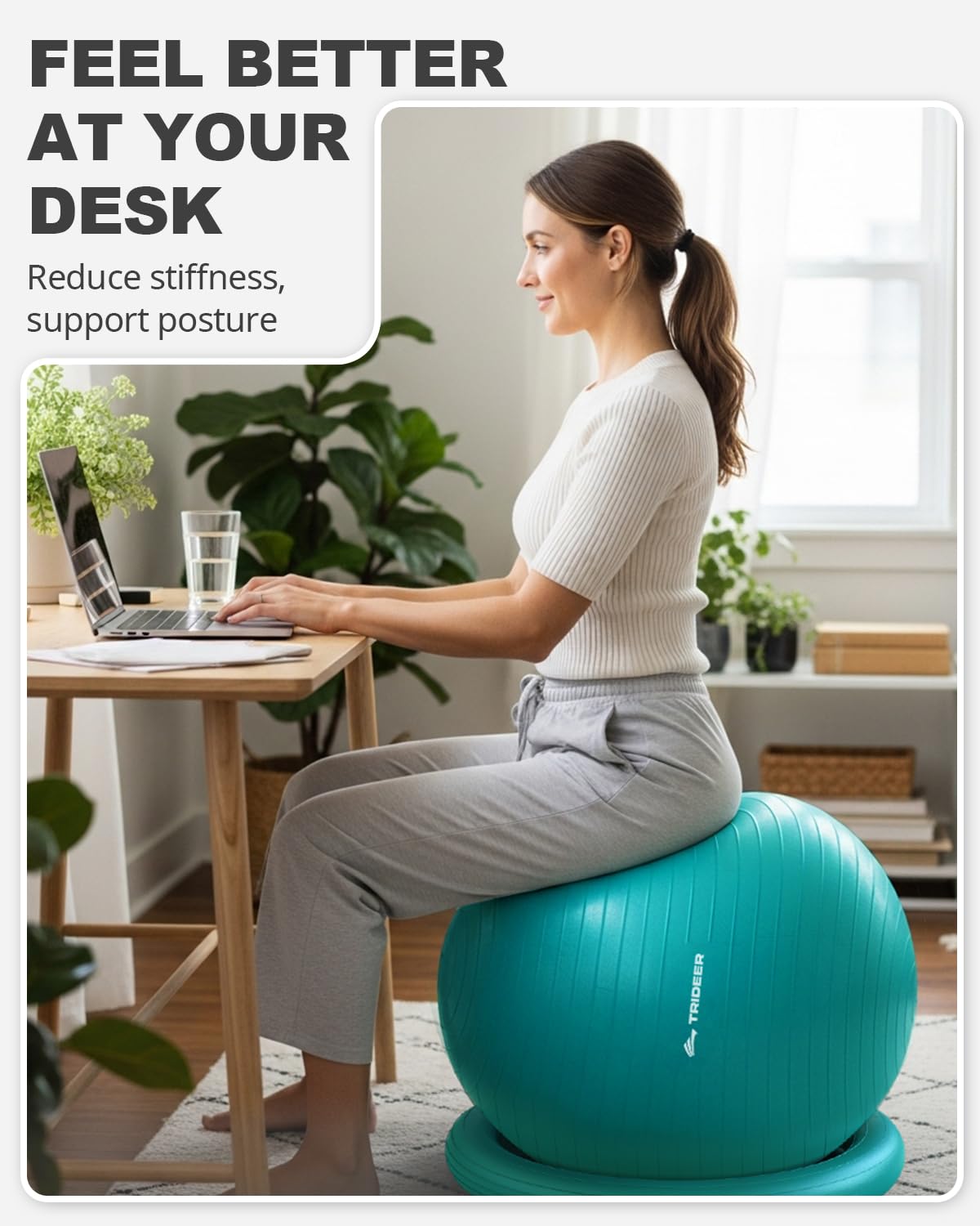 Trideer Exercise Ball for Office Desk, Yoga Ball Chair to Relieve Back Pain, Stability & Fitness Ball Seat with Base, Home Gym Core Workout, Abs, Stretching & Therapy