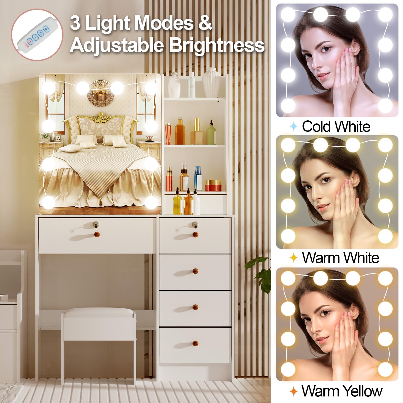 Schminktisch mit LED Beleuchtung und Hocker, 3 Farbtemperaturen und Helligkeit Einstellbar, Frisiertisch mit Spiegel für Make up, 6 Schubladen, 131 x 80 x 36 cm, Weiß