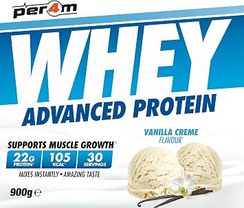 Per4m Whey Protein Powder | High Protein Shake for Muscle Growth & Recovery | Low Sugar Gym Supplement | Sports Nutrition Drink + Amino Acids (900g, Vanilla Creme)