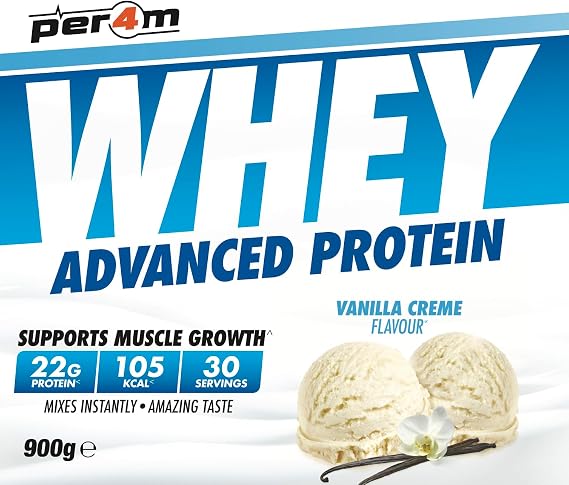 Per4m Whey Protein Powder | High Protein Shake for Muscle Growth & Recovery | Low Sugar Gym Supplement | Sports Nutrition Drink + Amino Acids (900g, Vanilla Creme)