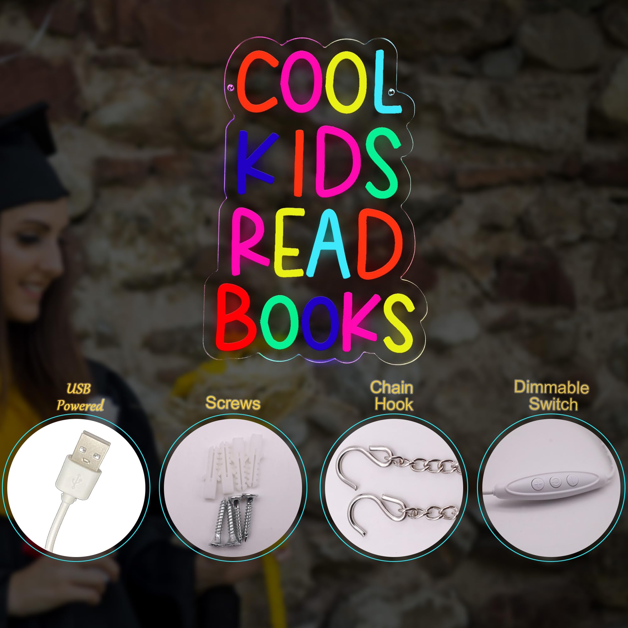 Cool Kids Read Books Neon Sign - Dimmable LED Wall Light For Library, Classroom, Bedroom, Reading Corner Decor
