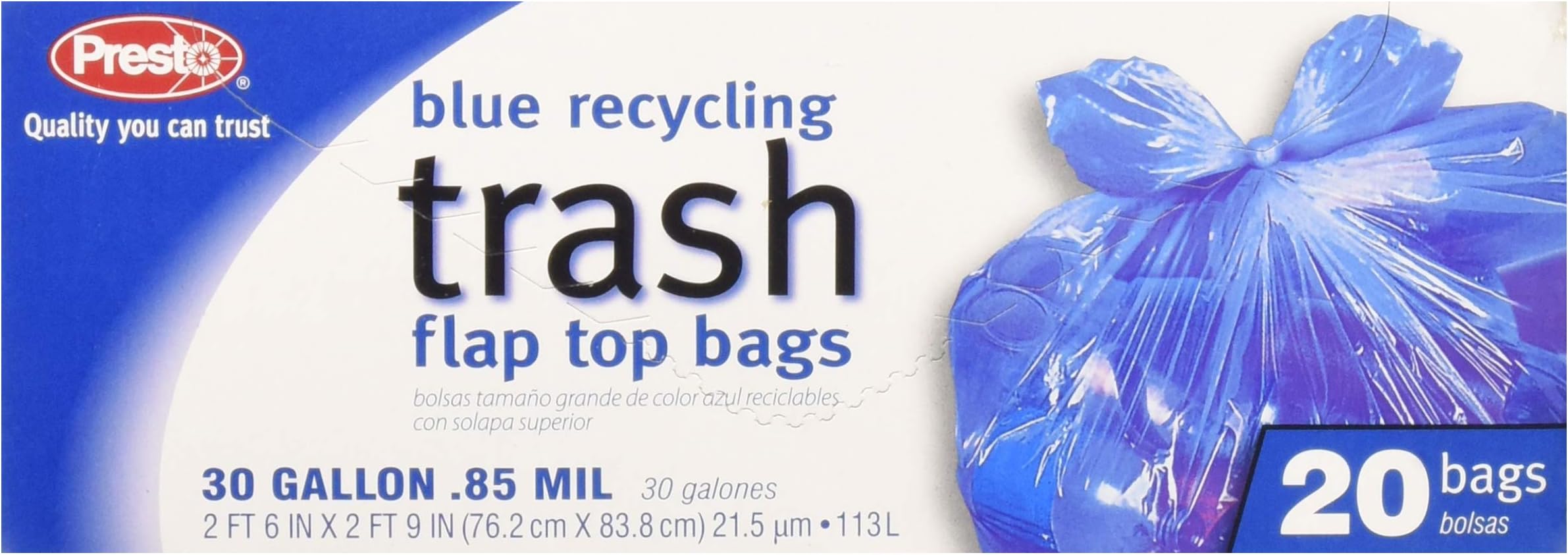 Presto GKL042927-1 30 Gallon Blue Recycling Trash Bags With Flap Top 20 Count