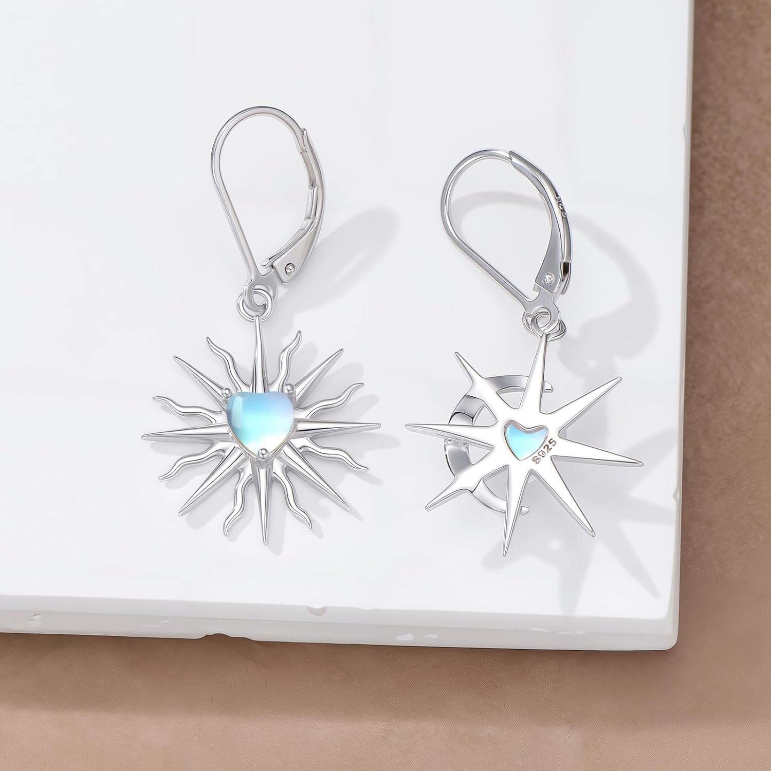 Sun Moon Star Earrings for Women 925 Sterling Silver Moonstone Celestial Sun Star Crescent Moon Dangle Drop Earrings Ladies Jewelry