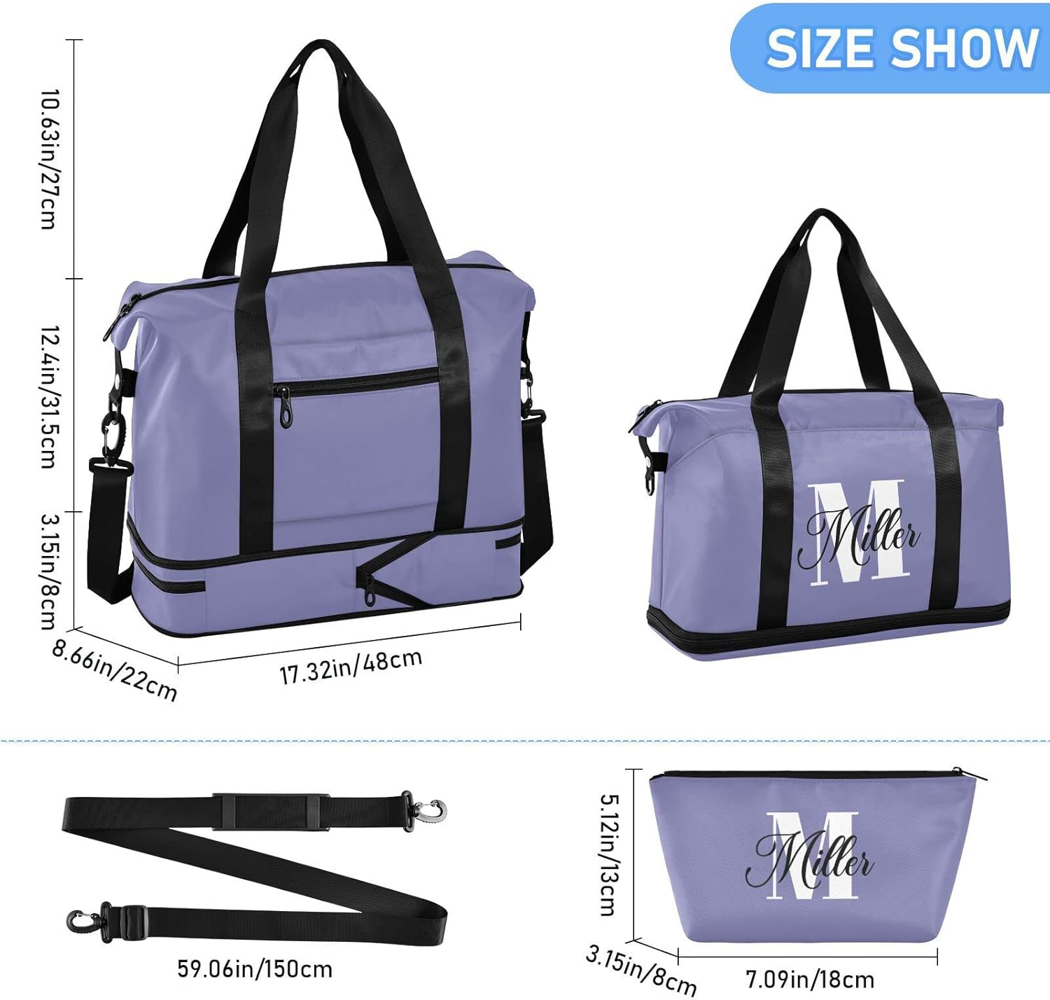 Purple Custom Travel Duffel Bag for Women Men Gym Bag with Shoe Compartment Wet Pocket Personalized Carry On Weekender Overnight Bags for Traveling Gym Workout