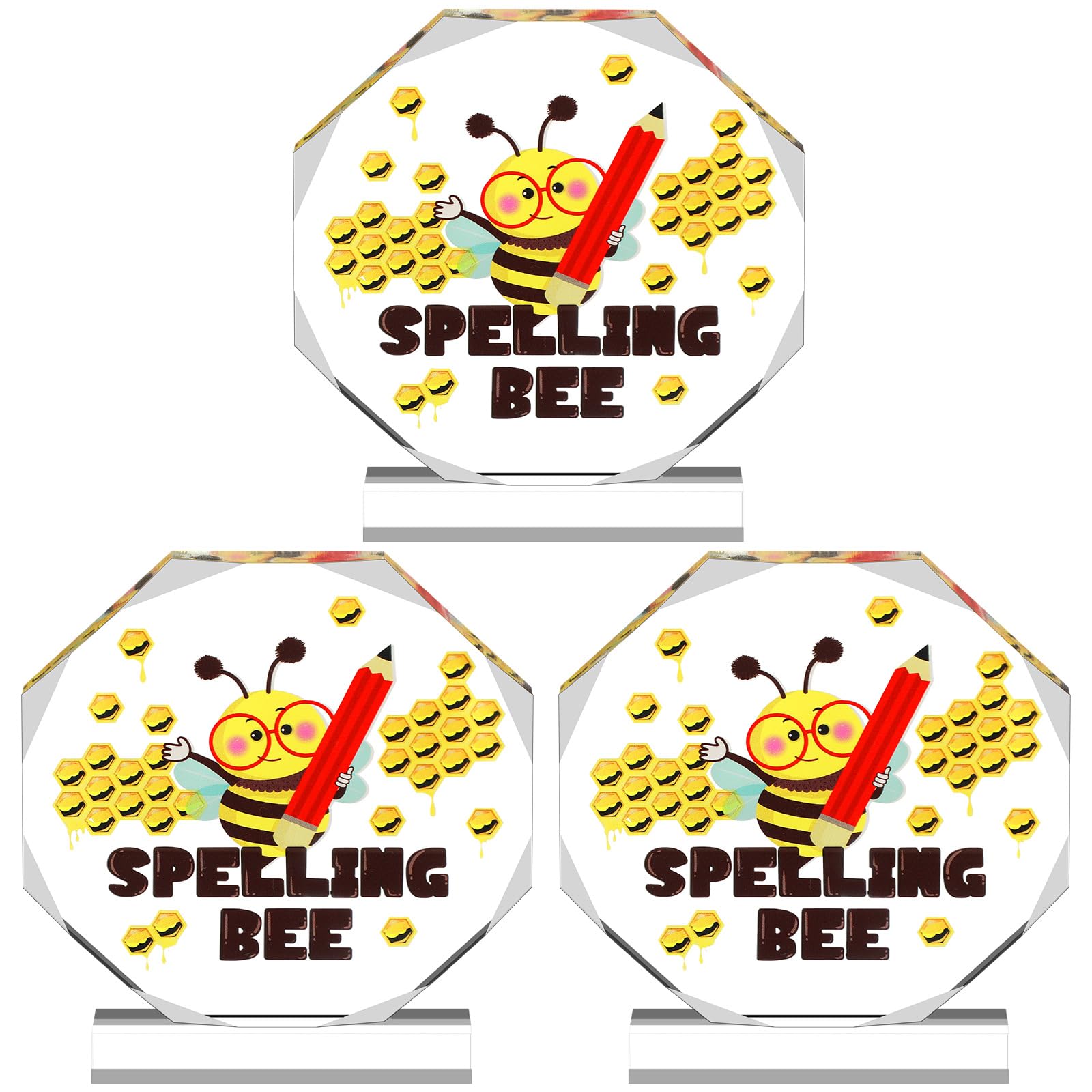 Acrylic Spelling Bee Trophy 4.72 x 4.72 Inch Spelling Bee Champion Awards Gift Prizes Funny Bee Contest Trophy Plaques for Decorations Party Events Supplies