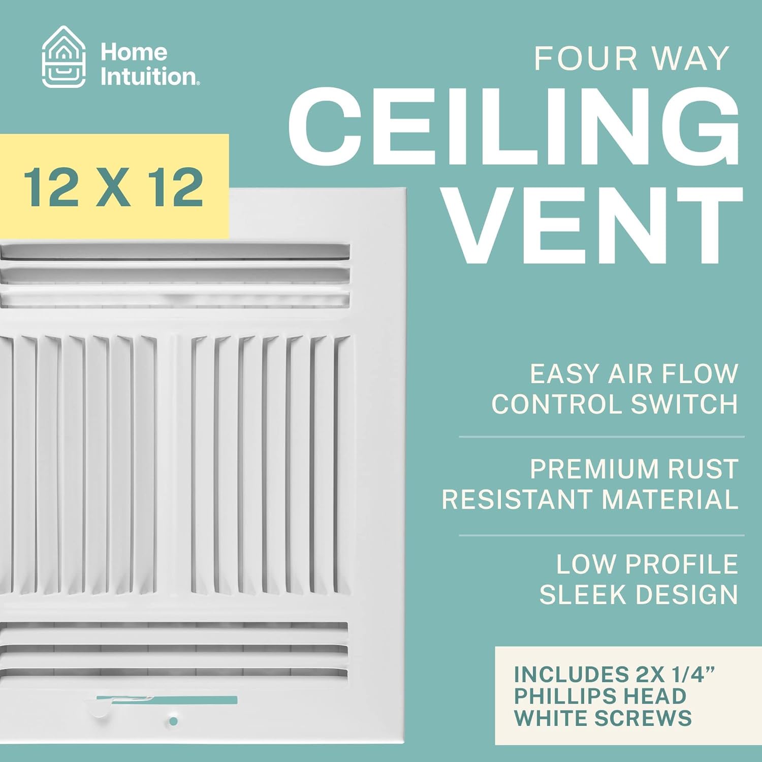 Ceiling Register - Air Vent Covers for Home Ceiling or Wall - 12X12 Inch (Duct Opening) 4-Way White Grille Register Cover with Adjustable Damper for HVAC Heat and Cold Air Conditioner