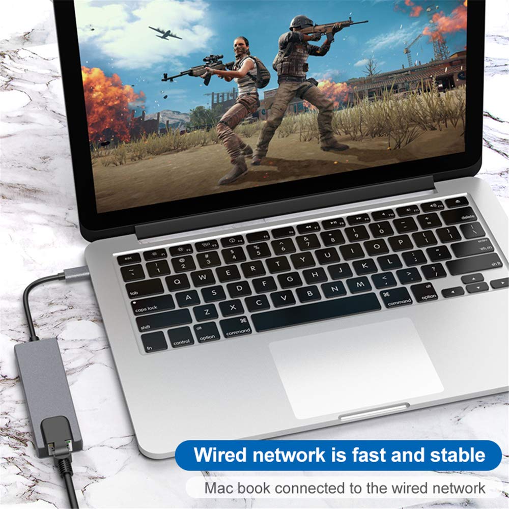 Tianle Hub USB C Ethernet, adaptateur multi-ports 5 en 1 avec port Gigabit Ethernet, HDMI 4K, charge USB C PD et 2 USB 3.0 compatible avec console Switch, MacBook, iPad, Surface, 5 en 1
