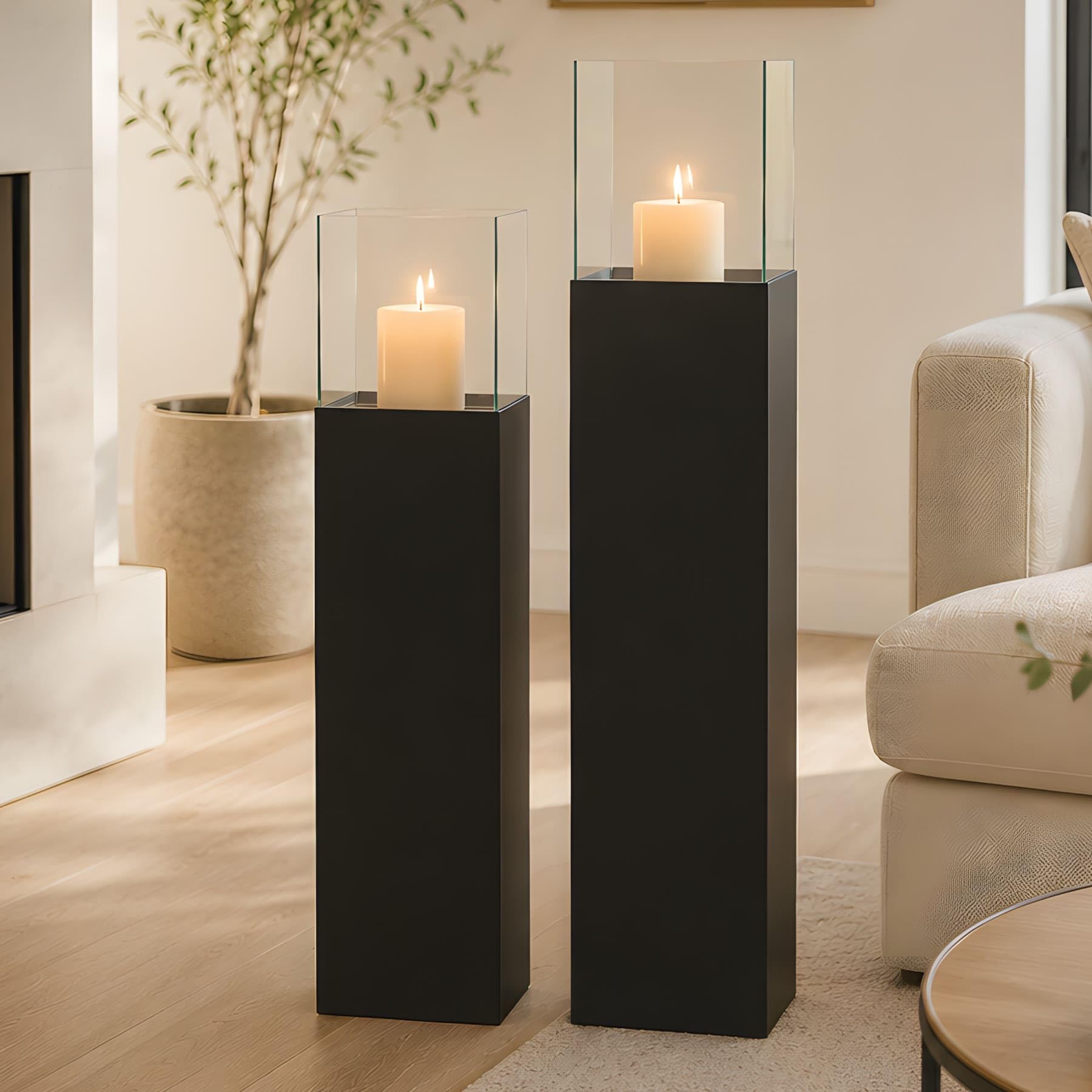 2X Windlichtsäule Black aus Metall, schwarz, Kerzenständer, Dekosäule | Kerzenhalter 75 + 90 cm hoch für Wohnzimmer, Boden-Laterne mit Kerzenglas