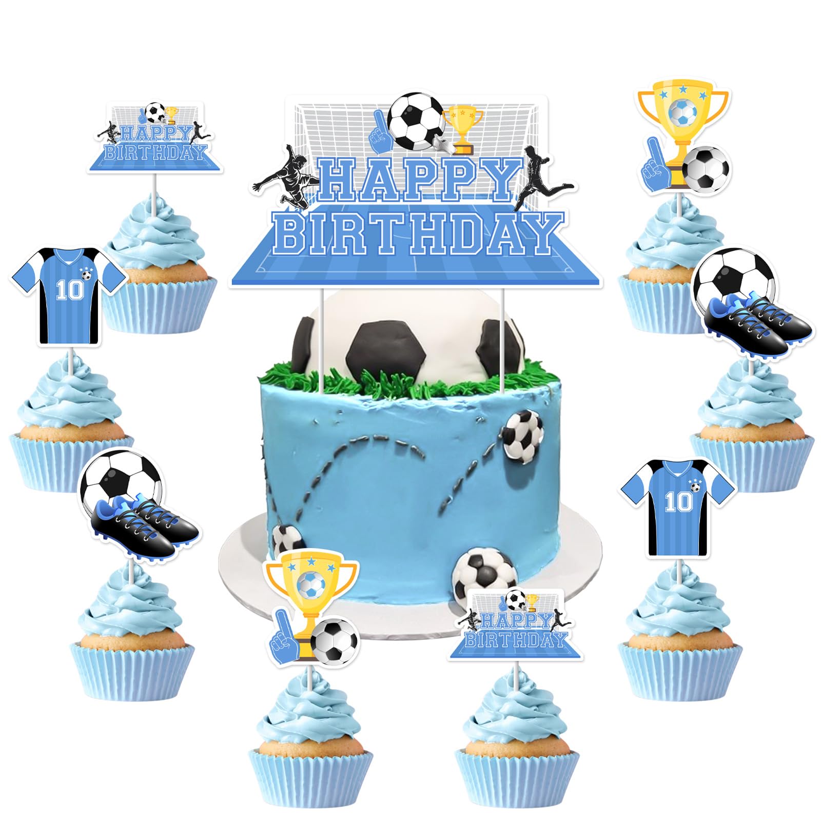Kreatwow Soccer Birthday Party Decorations Blue 25Pcs Soccer Happy Birthday Cake Cupcake Toppers Soccers Ball Party Cake Decoration Soccers Football