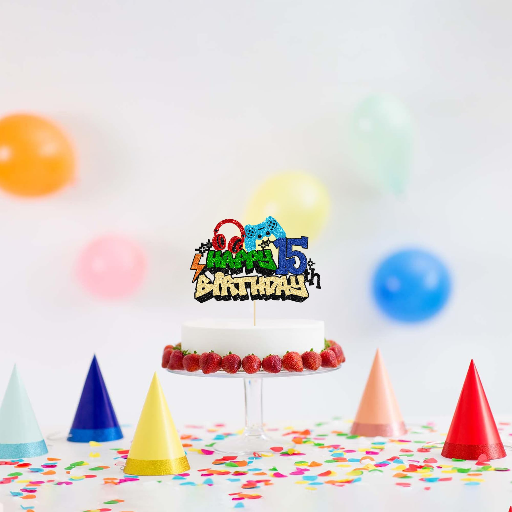 Gyufise 1Pcs Happy 15th Birthday Cake Topper Glitter Video Game Cake Pick Game On Controllers Fifteen Cheers to 15 Years Cake Decoration for Game Theme Happy 15th Birthday Party Supplies 4