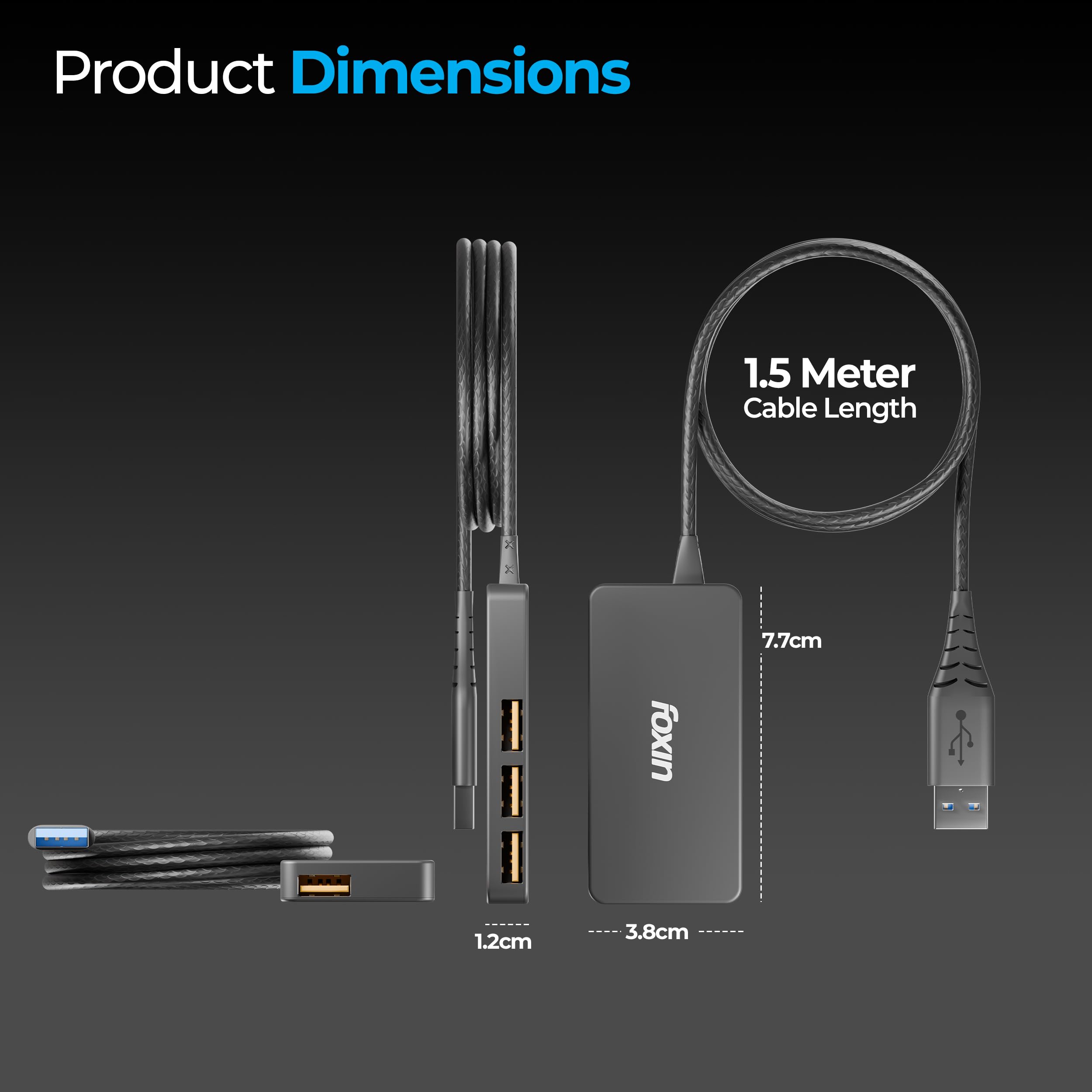 Foxin 4-in-1 USB Hub Ultra Slim | 4 x USB Ports with 1.5 Meter Cable | 480 Mbps Transfer Speed | Multi USB Port Connector for Laptop, PC, Mac | Plug & Play Multiport Adapter - FUH 002 — Amazon image 7