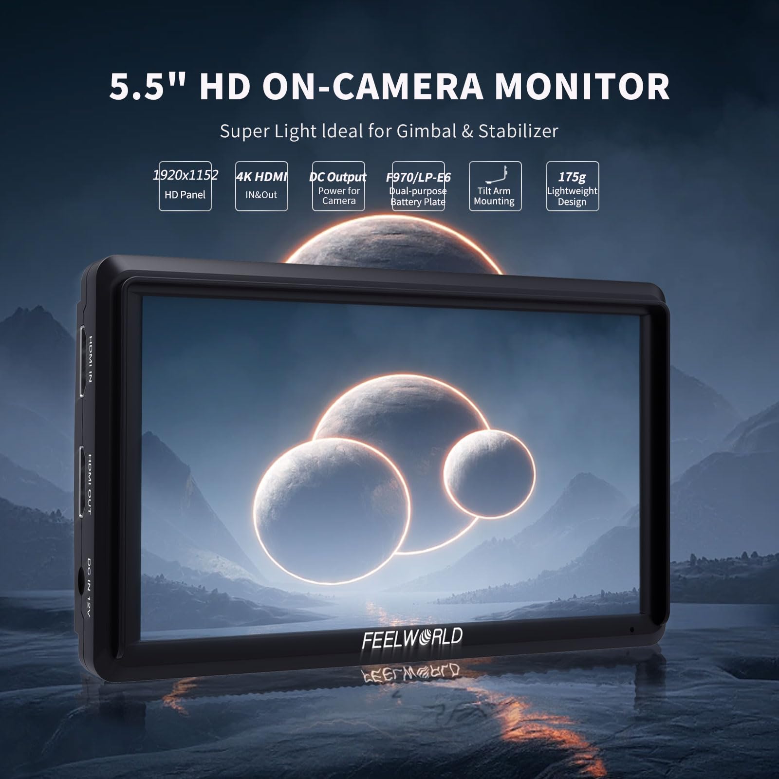 Feelworld S55 V3 6 cali DSLR monitor polowy Small Full HD 3DLUT 1920 x 1080 IPS Peaking Focus Video Assist z wejściem 4K HDMI 8.4V DC Input Output w komplecie z baterią i torbą, ramię pochylne