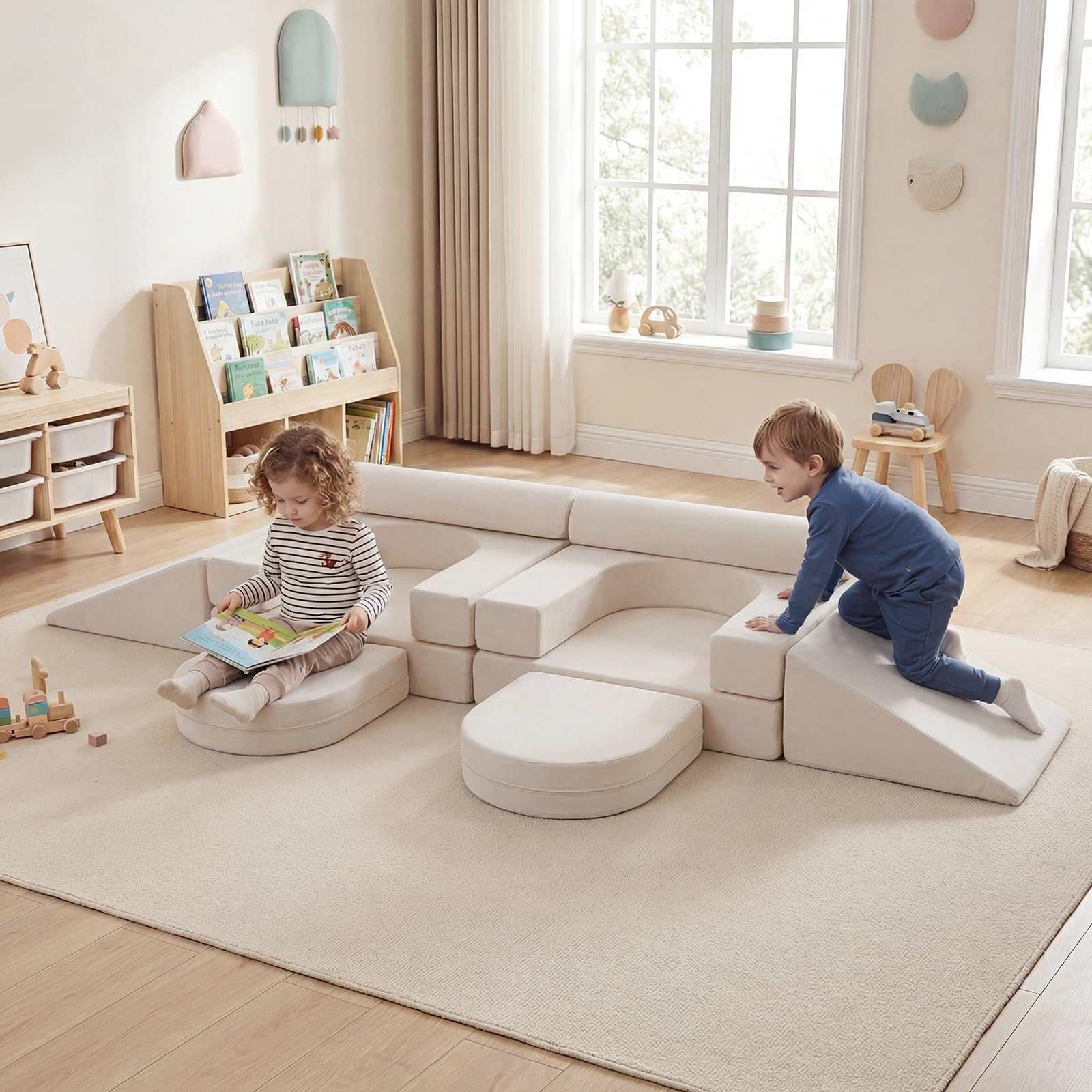 COSTWAY 10-teiliges modulares Spielsofa, Kindersofa ausklappbar mit abnehmbarem & waschbarem Bezug aus Wildleder, Schaumstoff Bausteine für Kinderzimmer, Kindercouch für Kinder ab 3 Jahren (Beige)