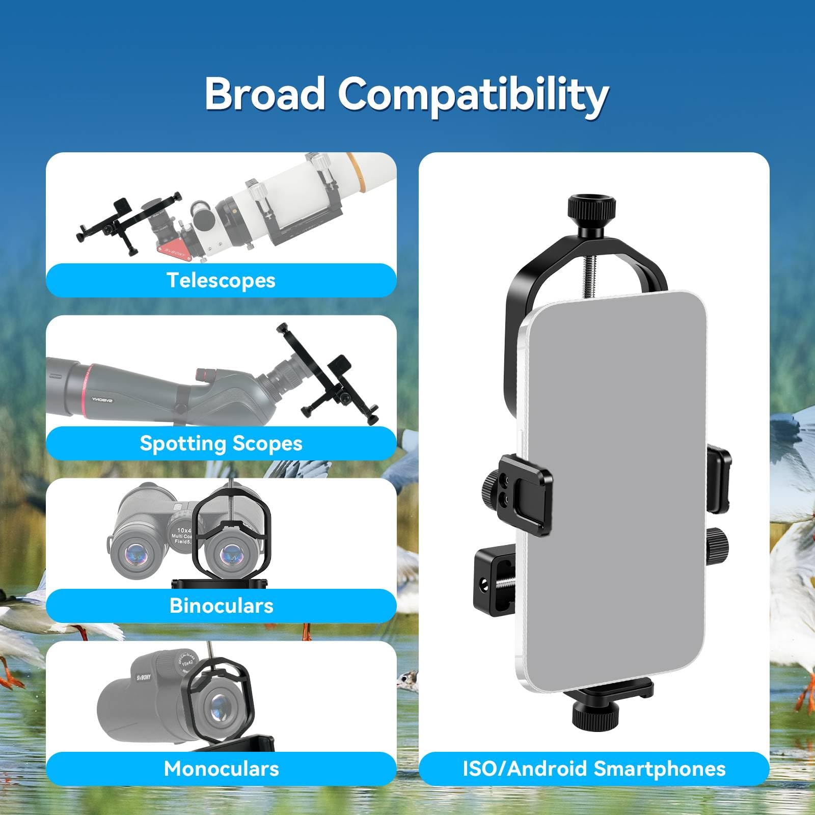 Svbony SV214 Pro - Adaptador Universal para Smartphone de 3 Ejes, Adaptador Digiscoping con Control Remoto Compatible con Ocular de 28 a 48 mm de diámetro, para capturar imágenes a través del