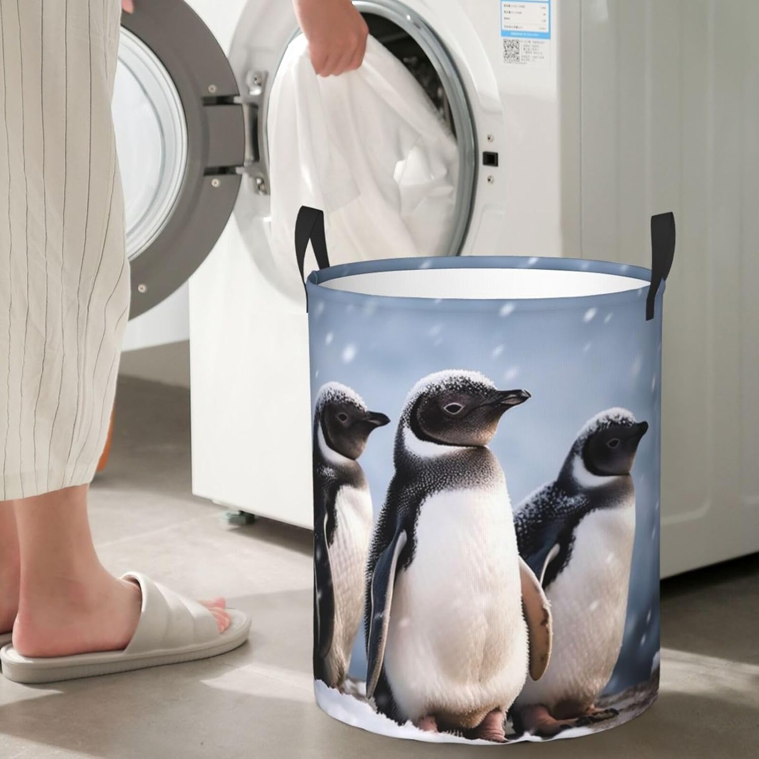 Young Penguins With Snow Laundry Basket With Handles, Foldable Laundry Hamper Oxford Cloth Dirty Clothes Basket Waterproof Clothes Toys Storage Bin Organizer for Bedroom Bathroom Dorm