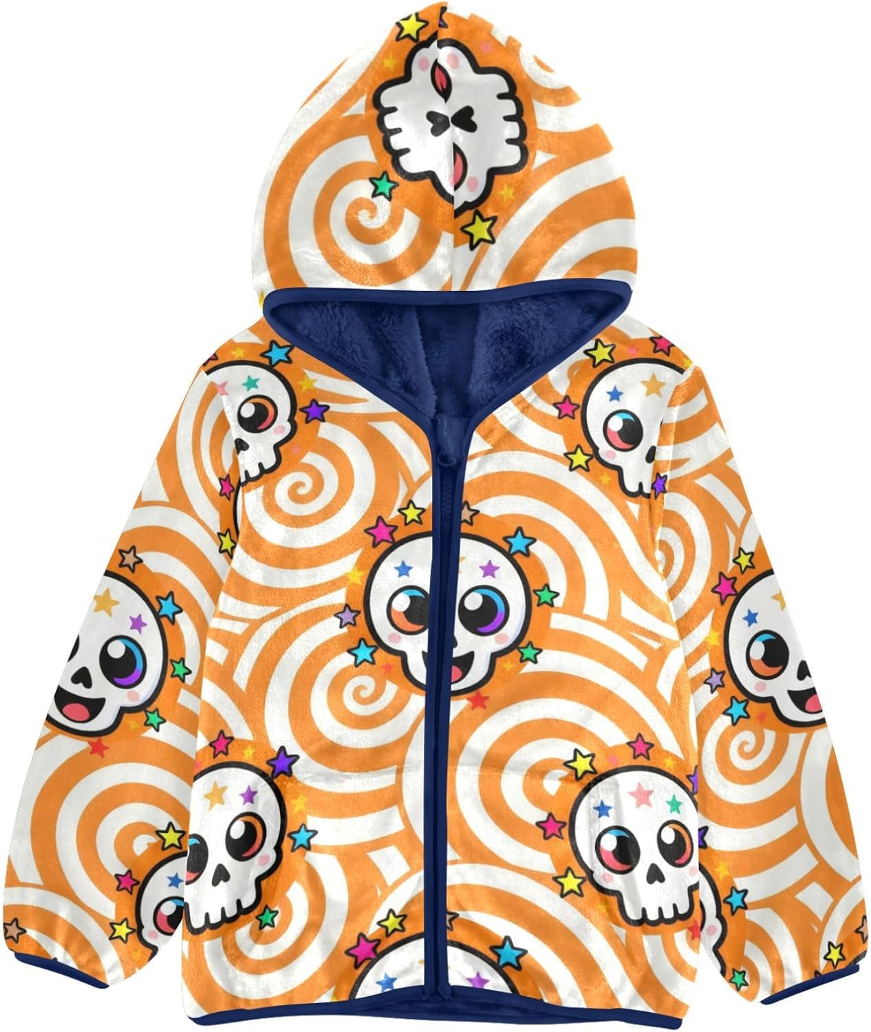 KLL Cute White Skull Toddler Fleece Jacket with Hood Children Coats for Toddlers Navy Blue Baby Zipper Hoodie