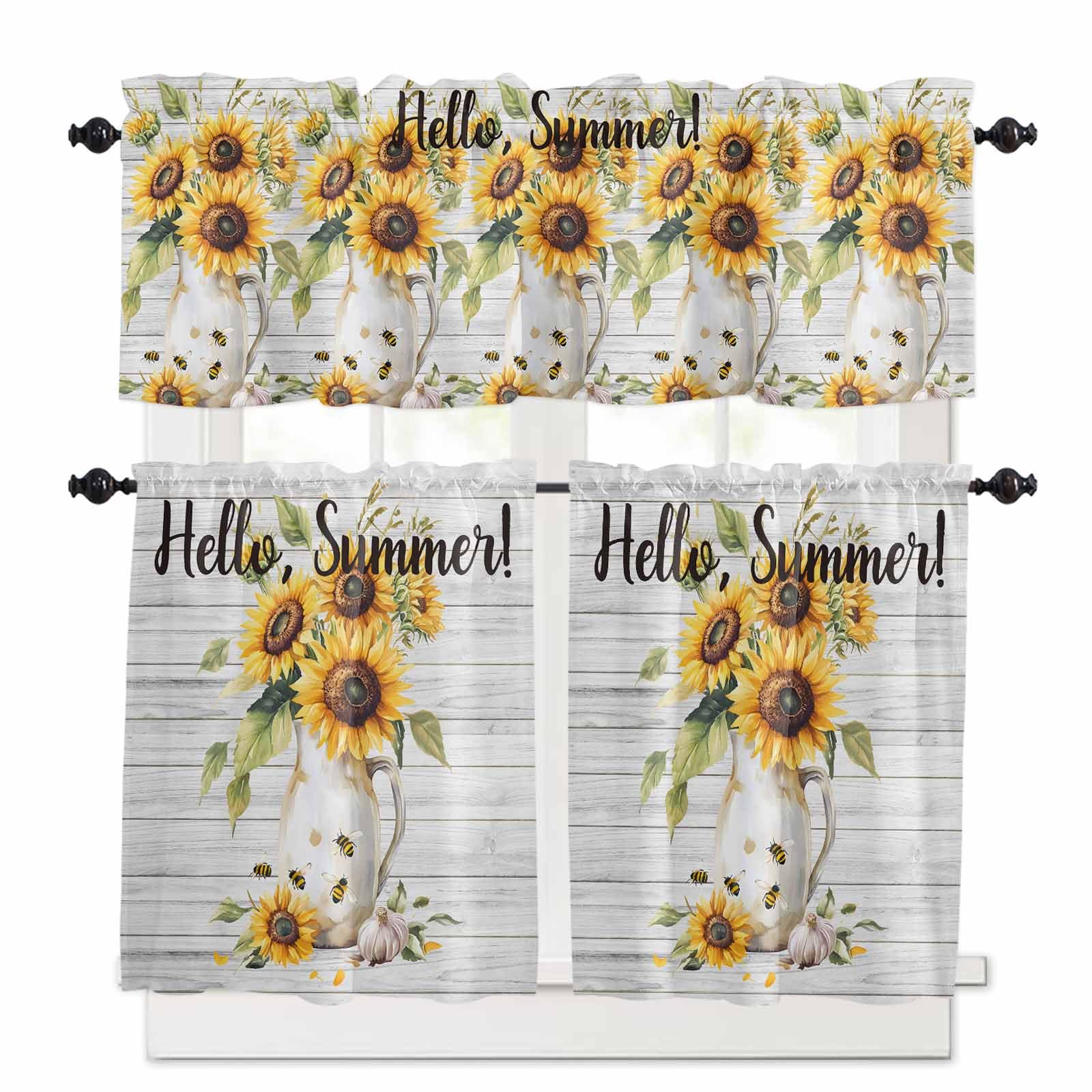 Sunflower Kitchen Curtains 36 Inch Length,3 Piece Rod Pocket Small Half Tiers and Valance Set,Summer Bee Wildflower Vintage Grey Wood Grain Small Large Window Treatment Decor for Bedroom/Bathroom