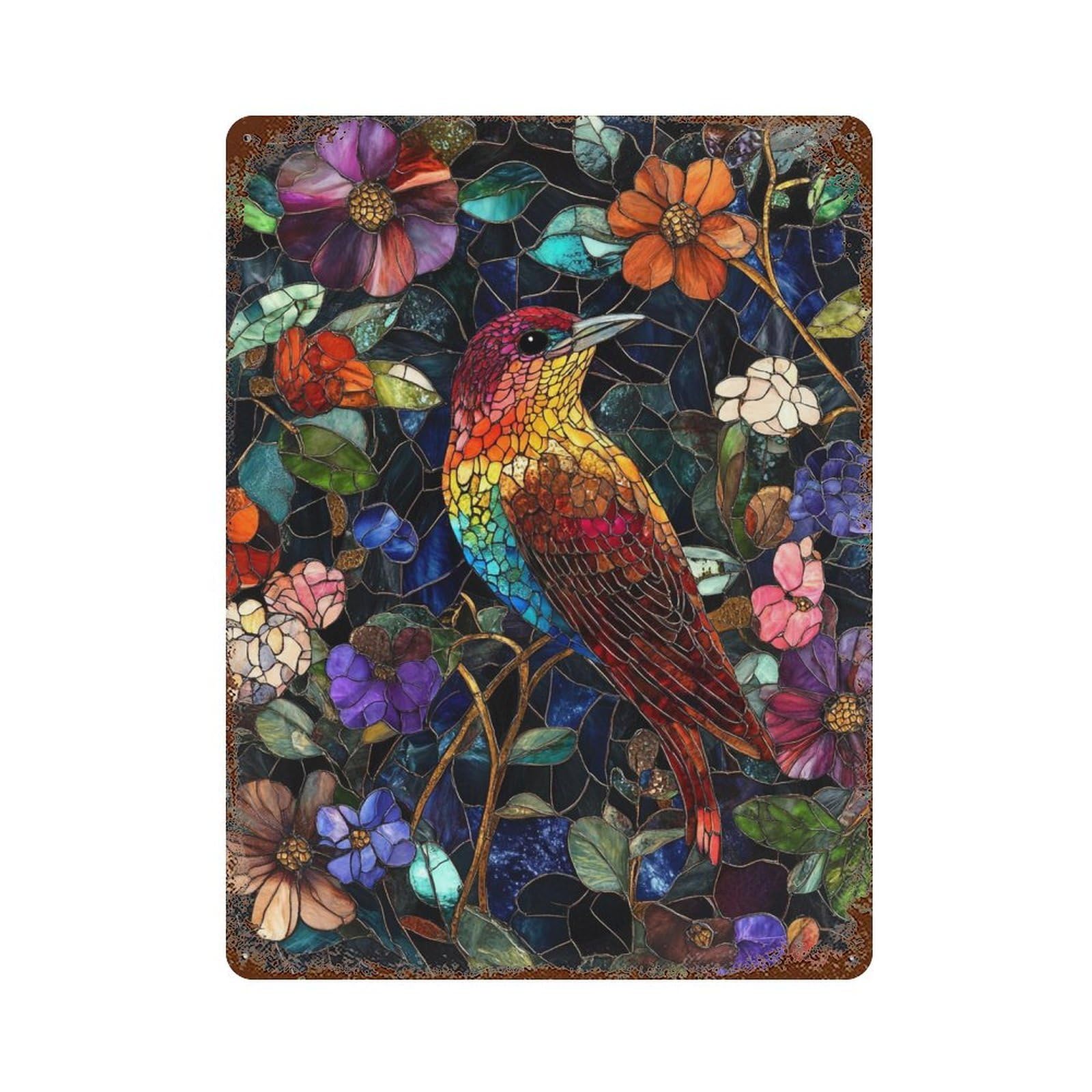 Stained Glass Bird Artwork Distressed Metal Wall Sign 15.7"x11.8", Rustic Home Decor for Living Room, Hallway And Home Decor